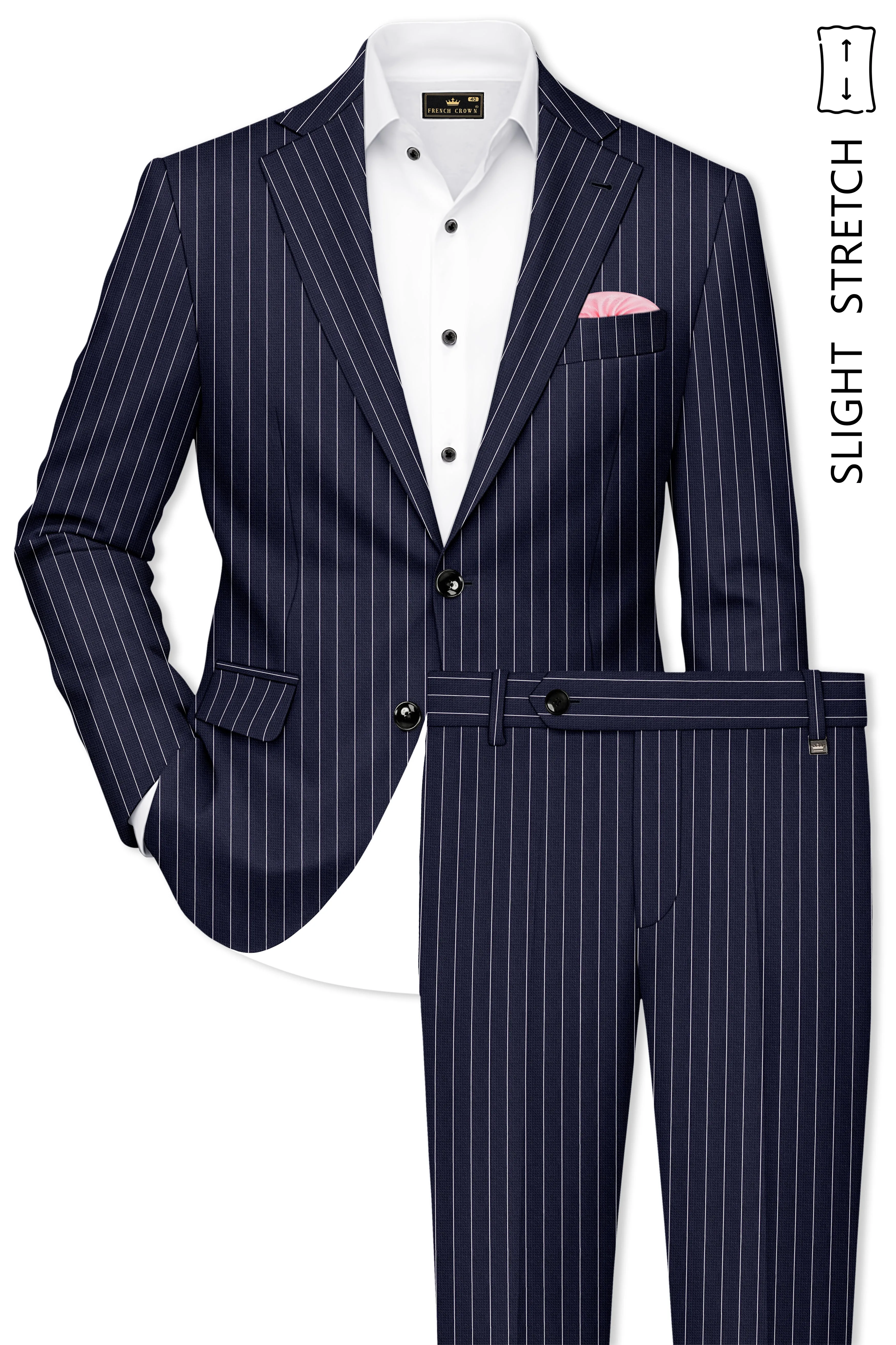 Regent-Ebony Blue And Bright White Chalk Striped Wool Rich Slight Stretch Single Breasted Suit sold by French Crown product image thumbnail 2