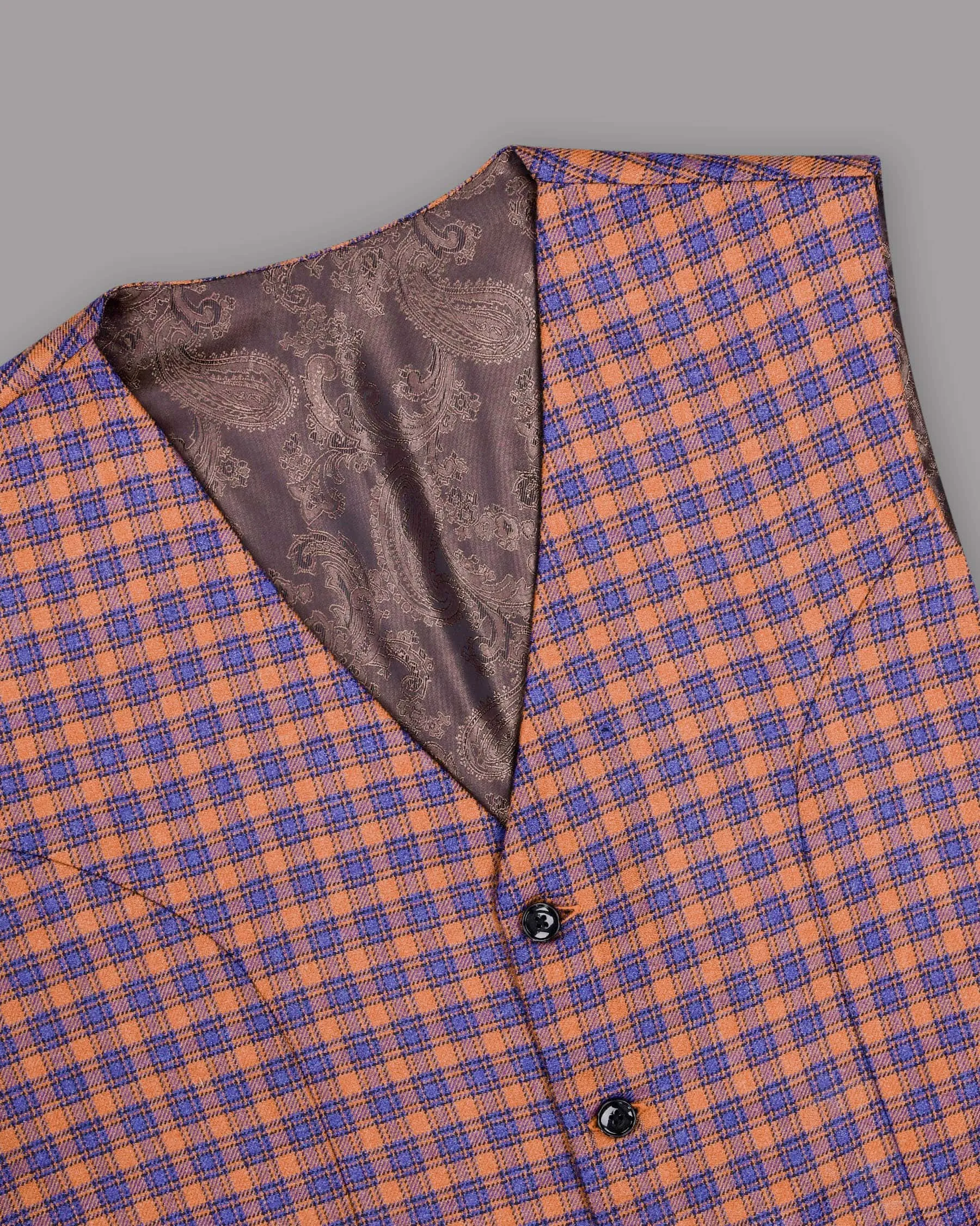 Raw Sienna Brown With Victoria Blue Plaid Waistcoat sold by French Crown product image thumbnail 4