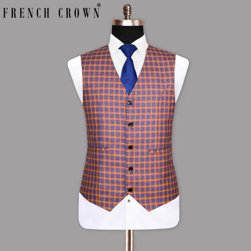 Raw Sienna Brown With Victoria Blue Plaid Waistcoat made by French Crown