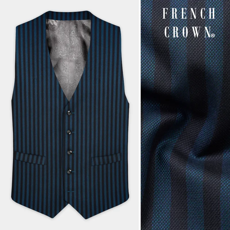 Tiber Blue And Jade Black Striped Wool Blend Waistcoat made by French Crown