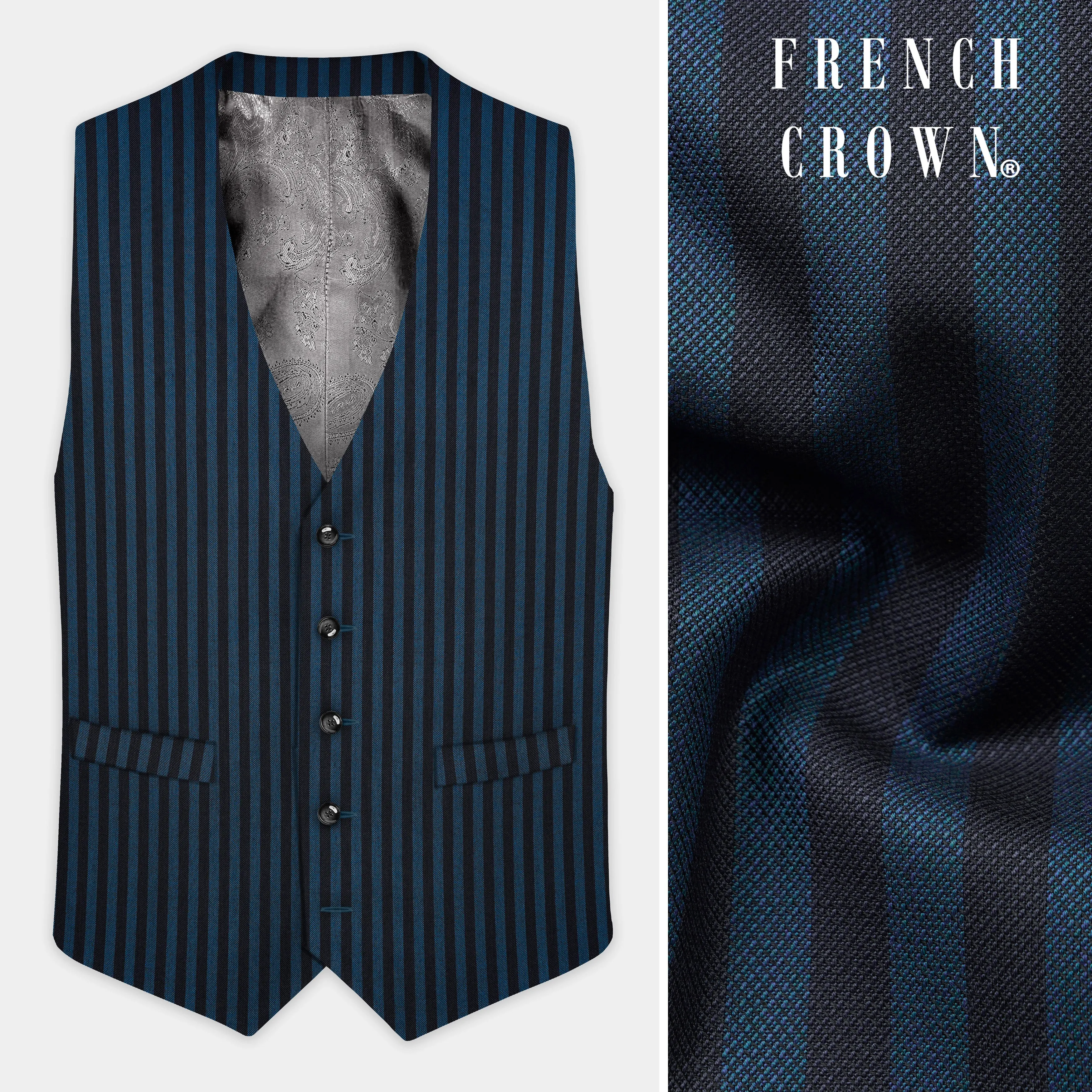 Tiber Blue And Jade Black Striped Wool Blend Waistcoat sold by French Crown