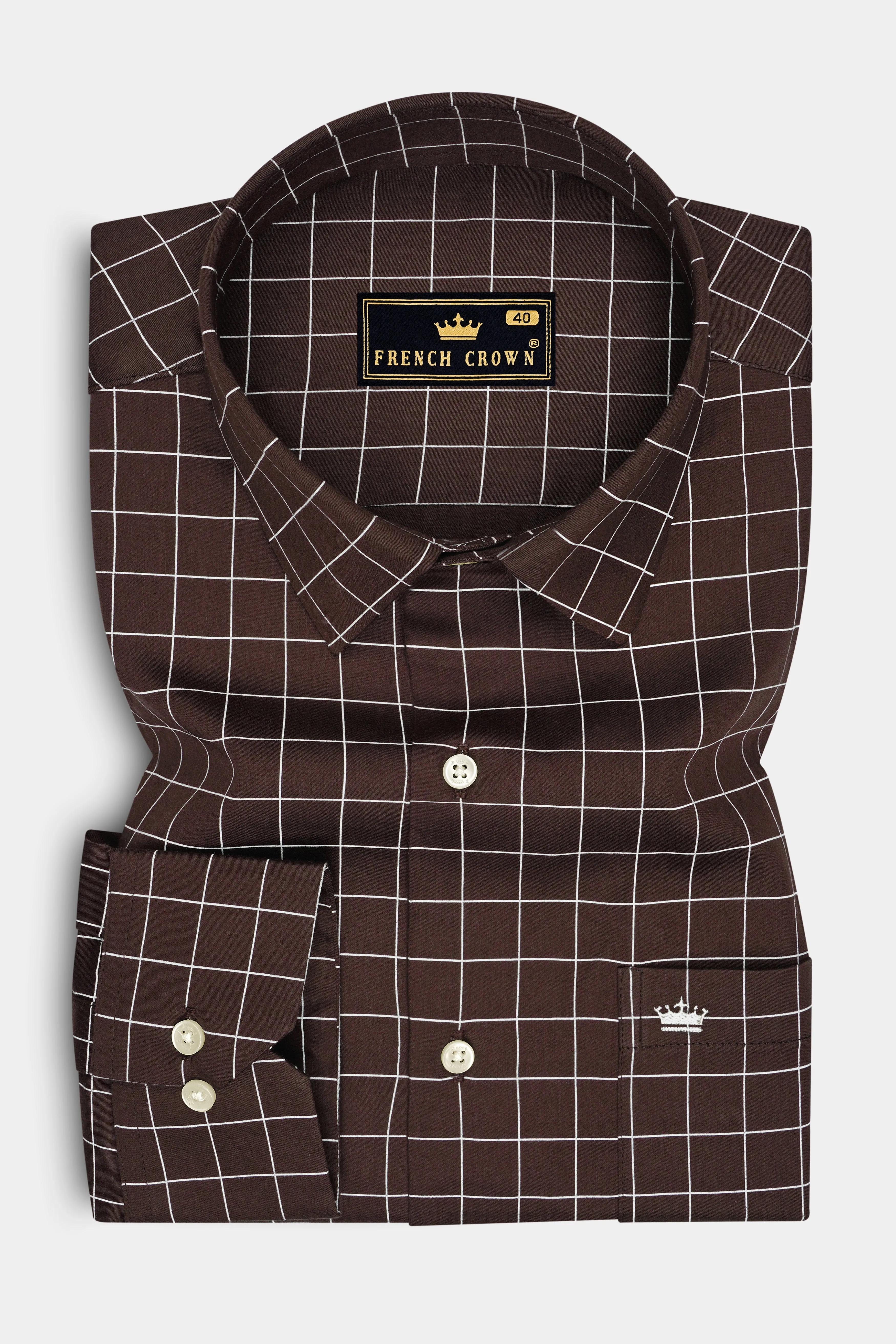 Monarch-Bistre Brown And Bright White Windowpane Subtle Sheen Super Soft Premium Cotton Dress Shirt sold by French Crown product image thumbnail 4