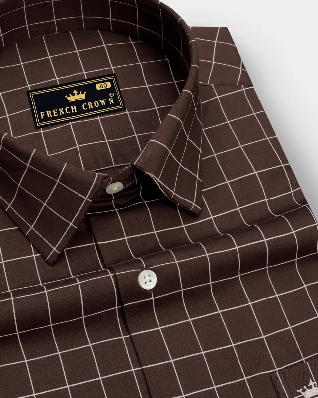 Monarch-Bistre Brown And Bright White Windowpane Subtle Sheen Super Soft Premium Cotton Dress Shirt made by French Crown