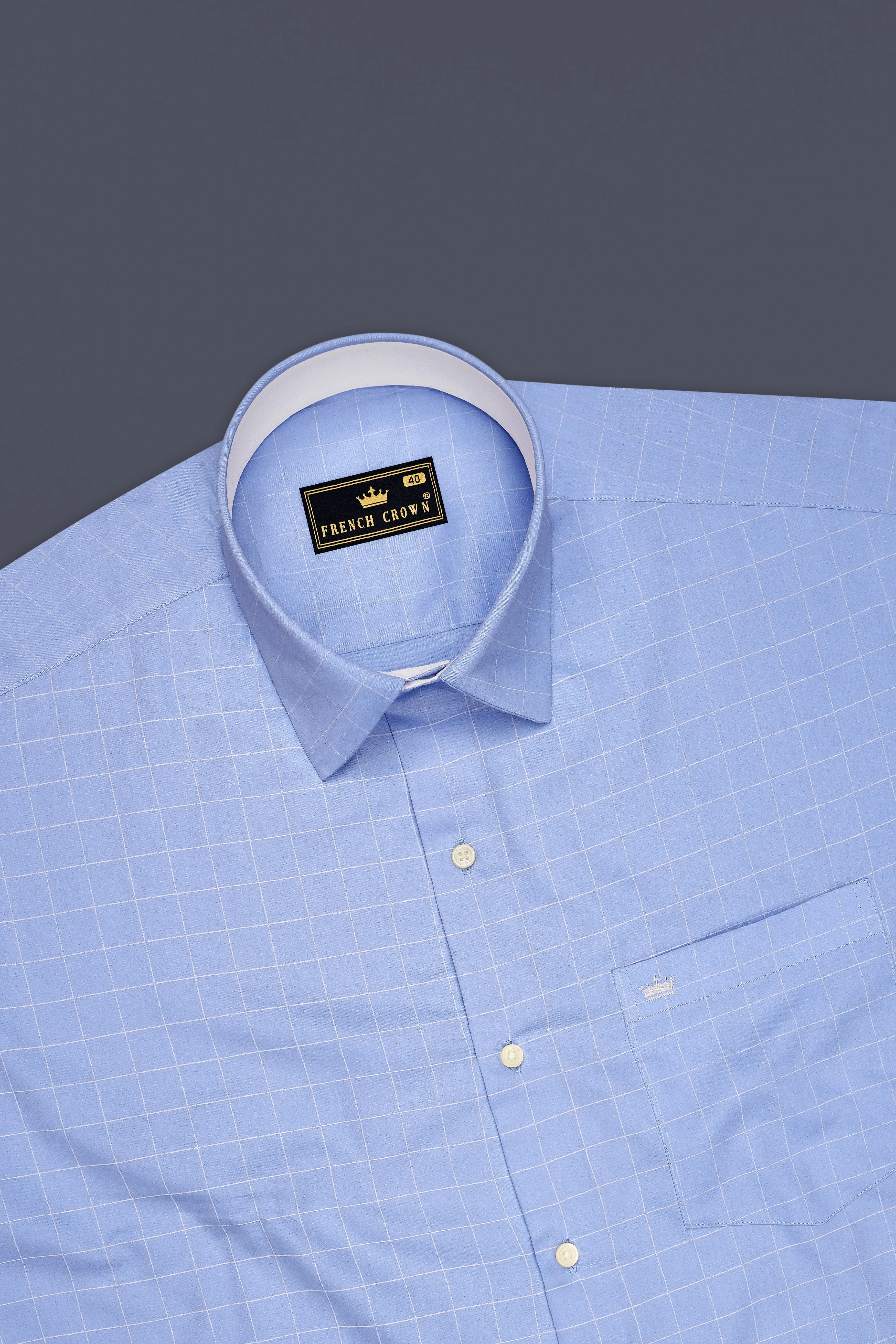 Aether-Cloudy Blue And Bright White Windowpane Subtle Sheen Soft Premium Cotton Dress Shirt sold by French Crown product image thumbnail 5