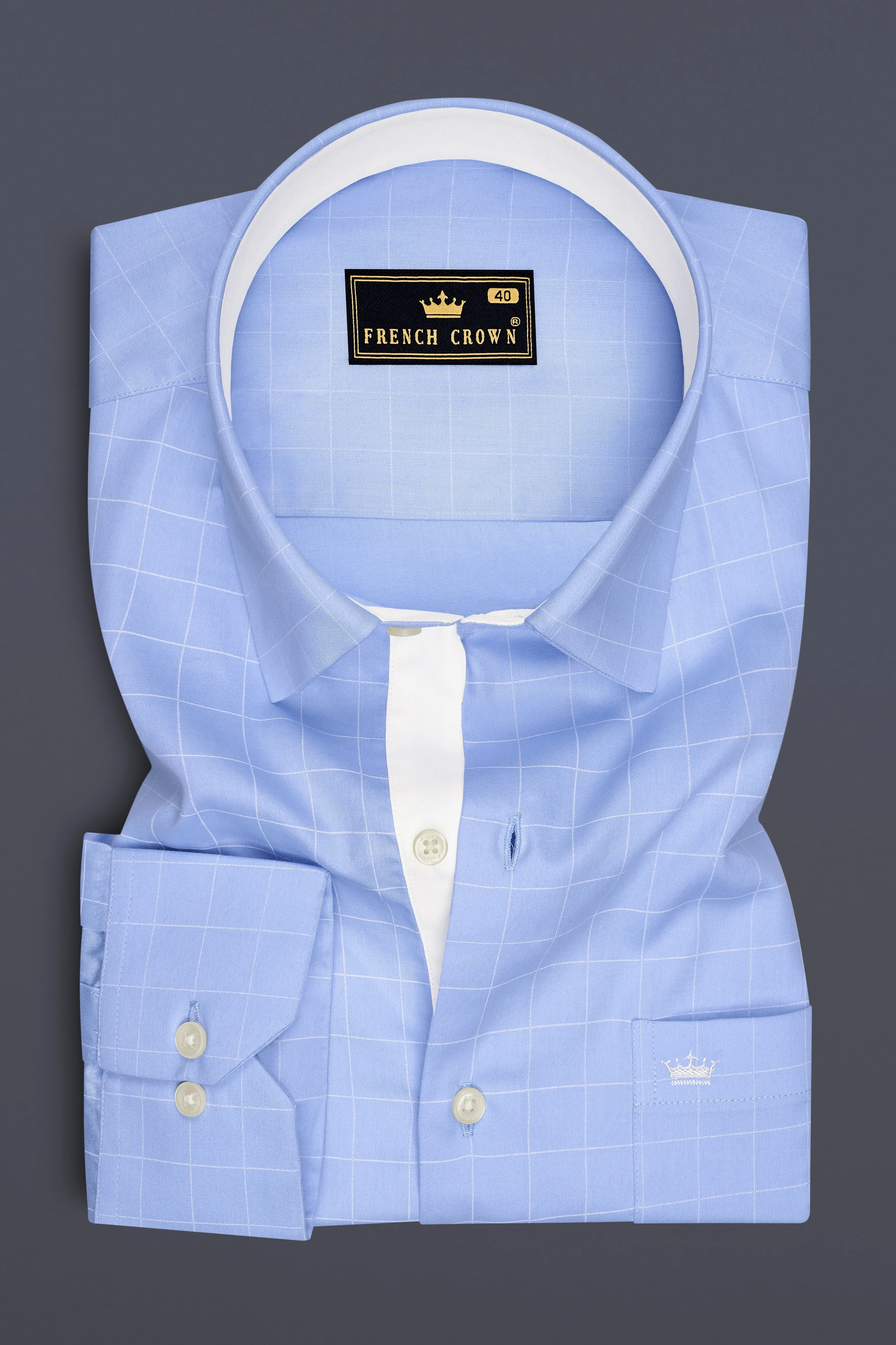 Aether-Cloudy Blue And Bright White Windowpane Subtle Sheen Soft Premium Cotton Dress Shirt sold by French Crown product image thumbnail 2