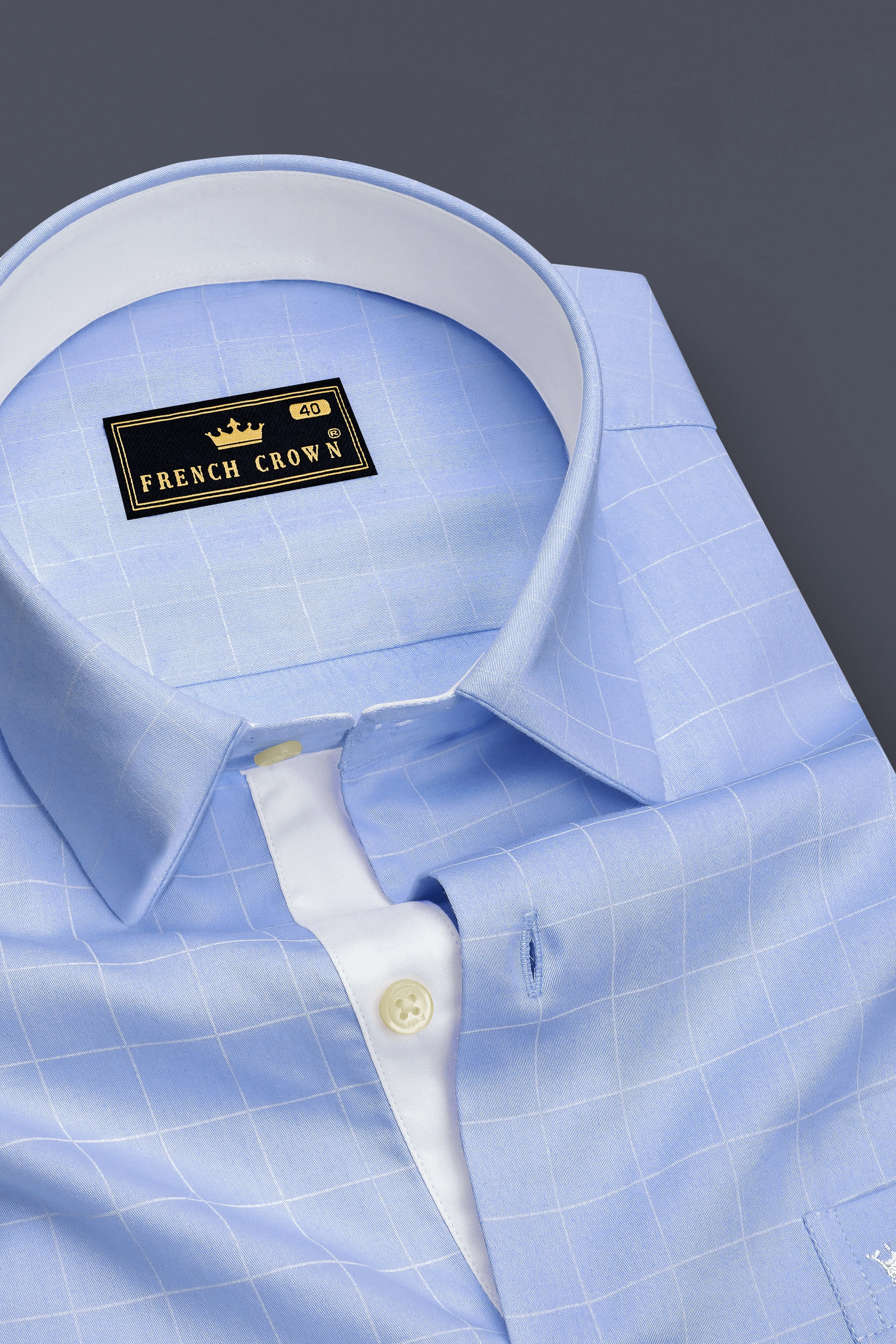 Aether-Cloudy Blue And Bright White Windowpane Subtle Sheen Soft Premium Cotton Dress Shirt sold by French Crown product image thumbnail 4