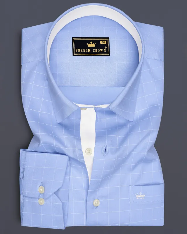 Aether-Cloudy Blue And Bright White Windowpane Subtle Sheen Soft Premium Cotton Dress Shirt made by French Crown
