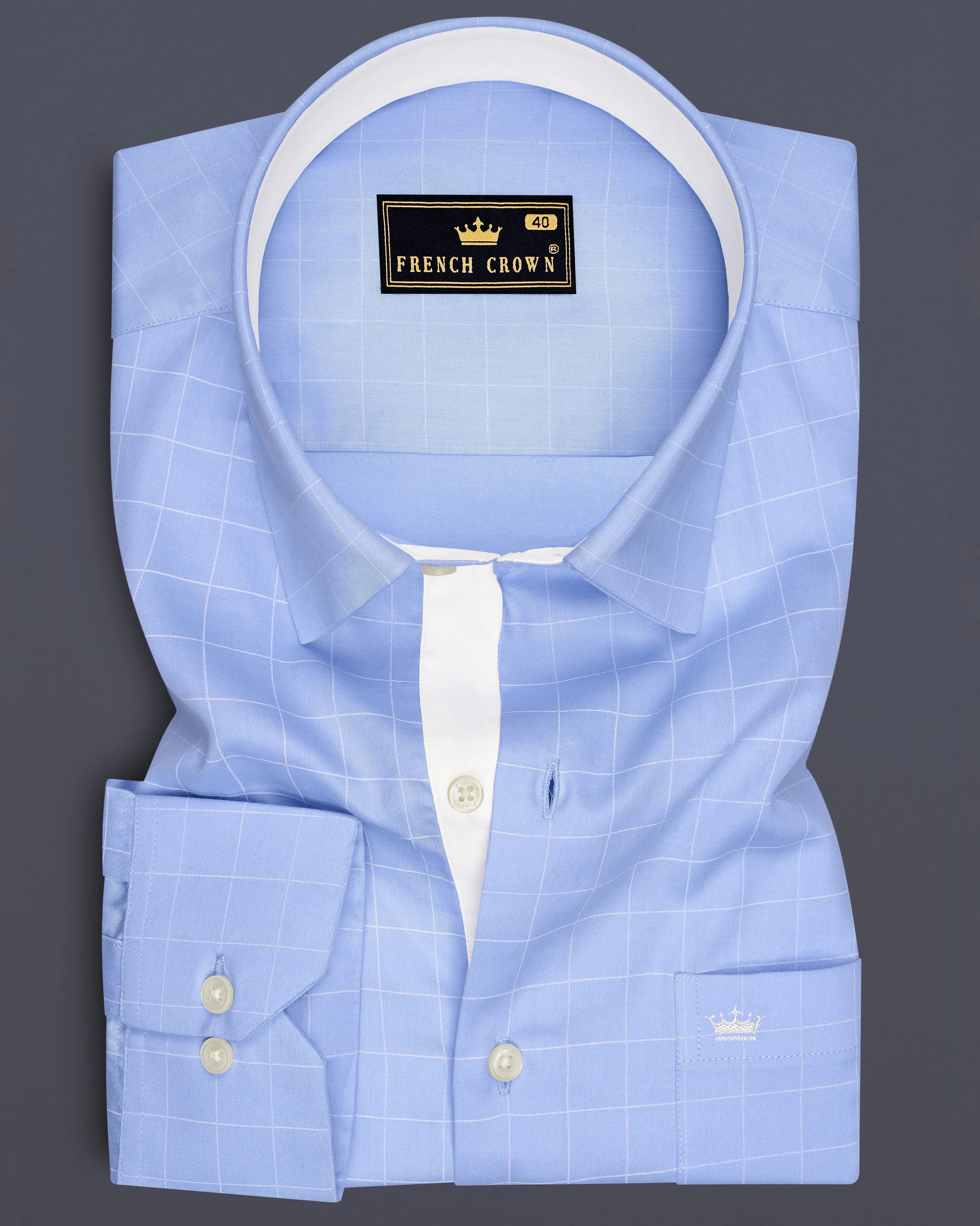 Aether-Cloudy Blue And Bright White Windowpane Subtle Sheen Soft Premium Cotton Dress Shirt sold by French Crown