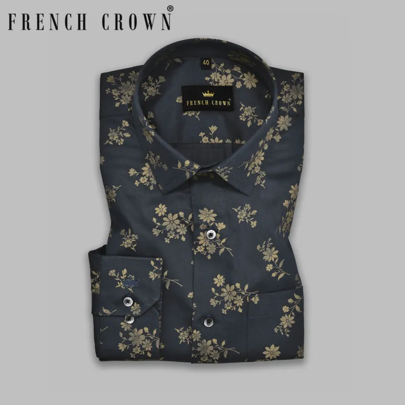 Blue Flowers Printed Premium Satin Shirt made by French Crown