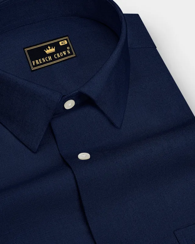 Cobalt-Midnight Blue Luxurious Linen Dress Shirt made by French Crown
