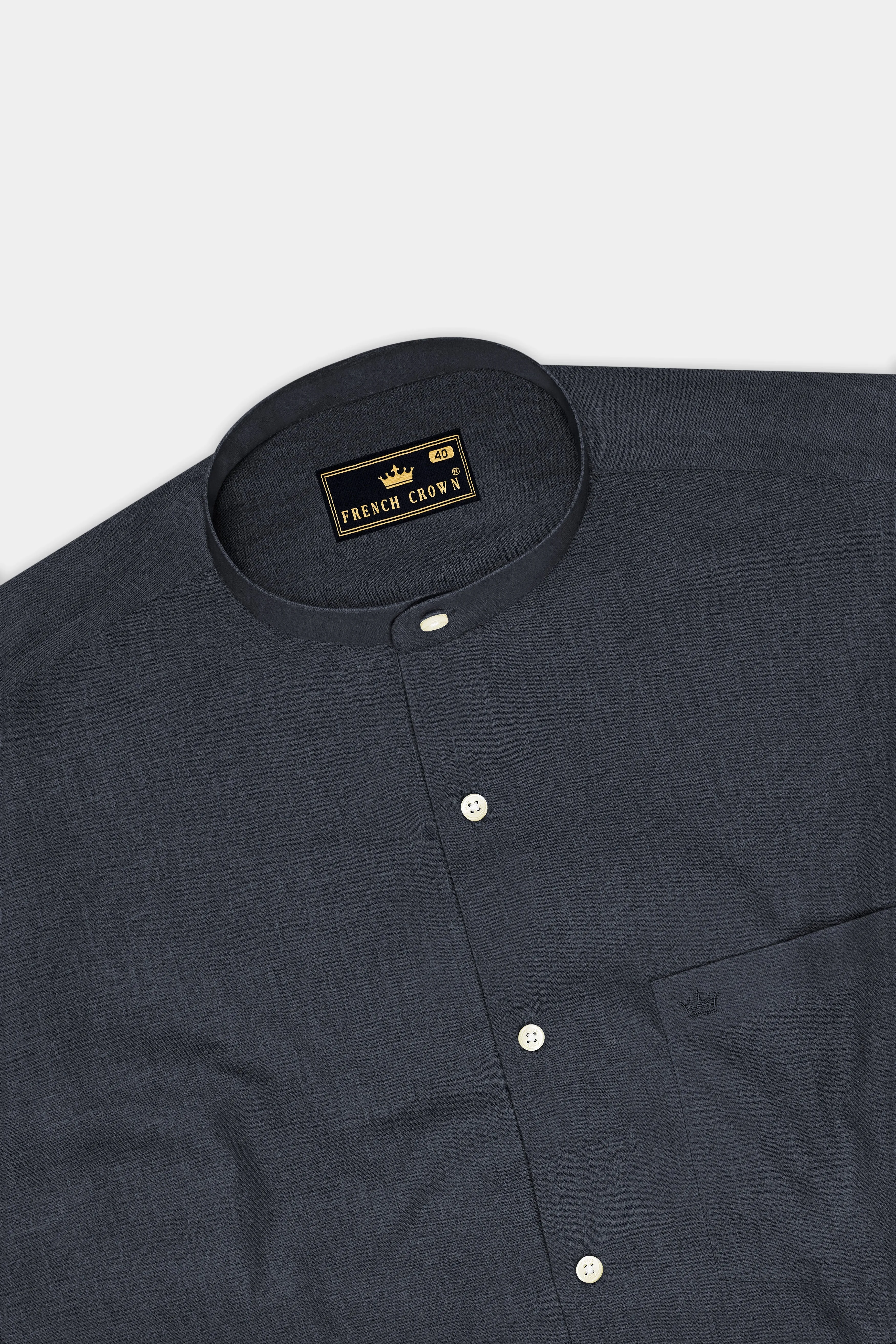 Obsidian-Charcoal Gray Luxurious Linen Mandarin Dress Shirt sold by French Crown product image thumbnail 5