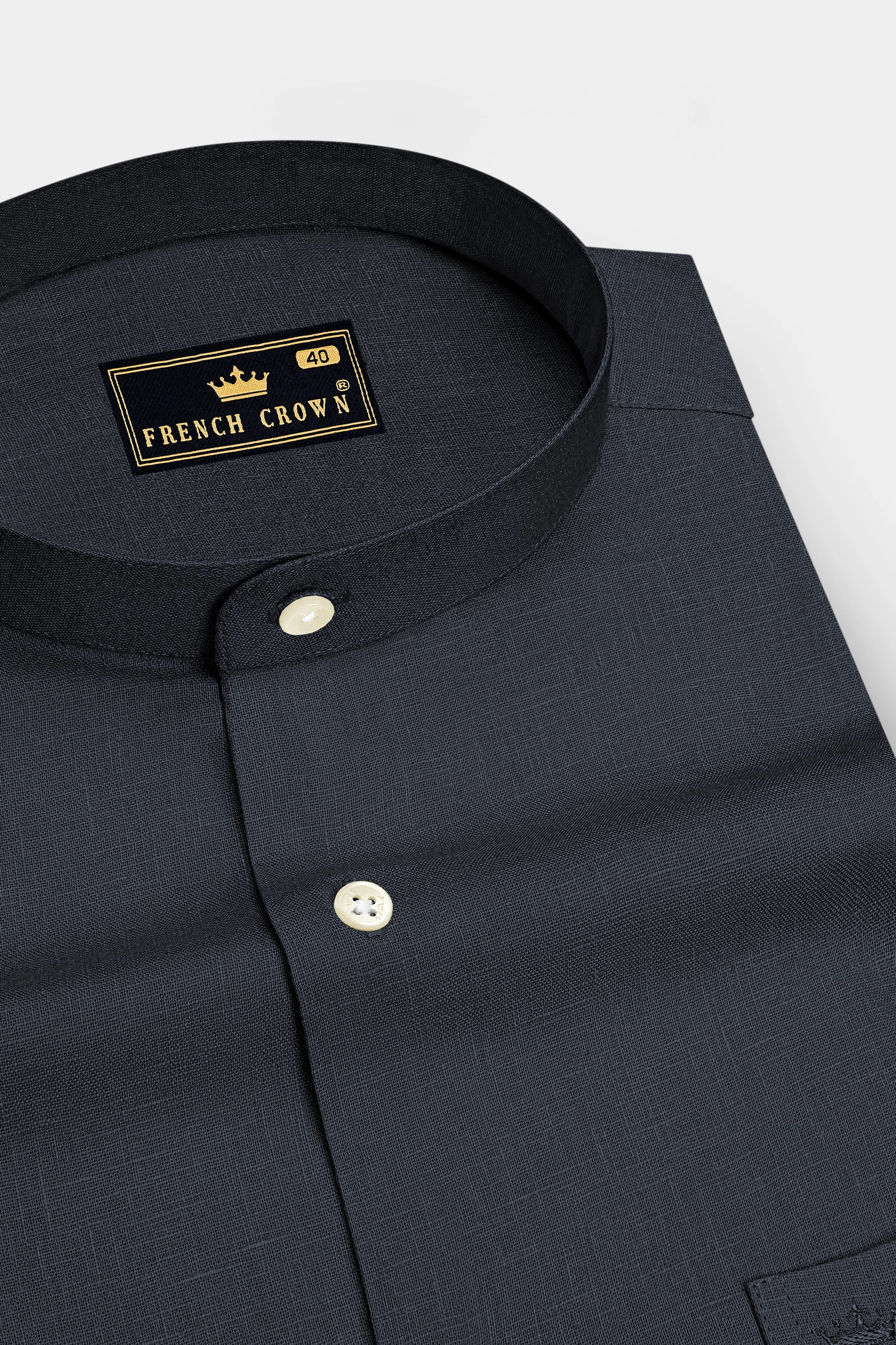 Obsidian-Charcoal Gray Luxurious Linen Mandarin Dress Shirt sold by French Crown product image thumbnail 2