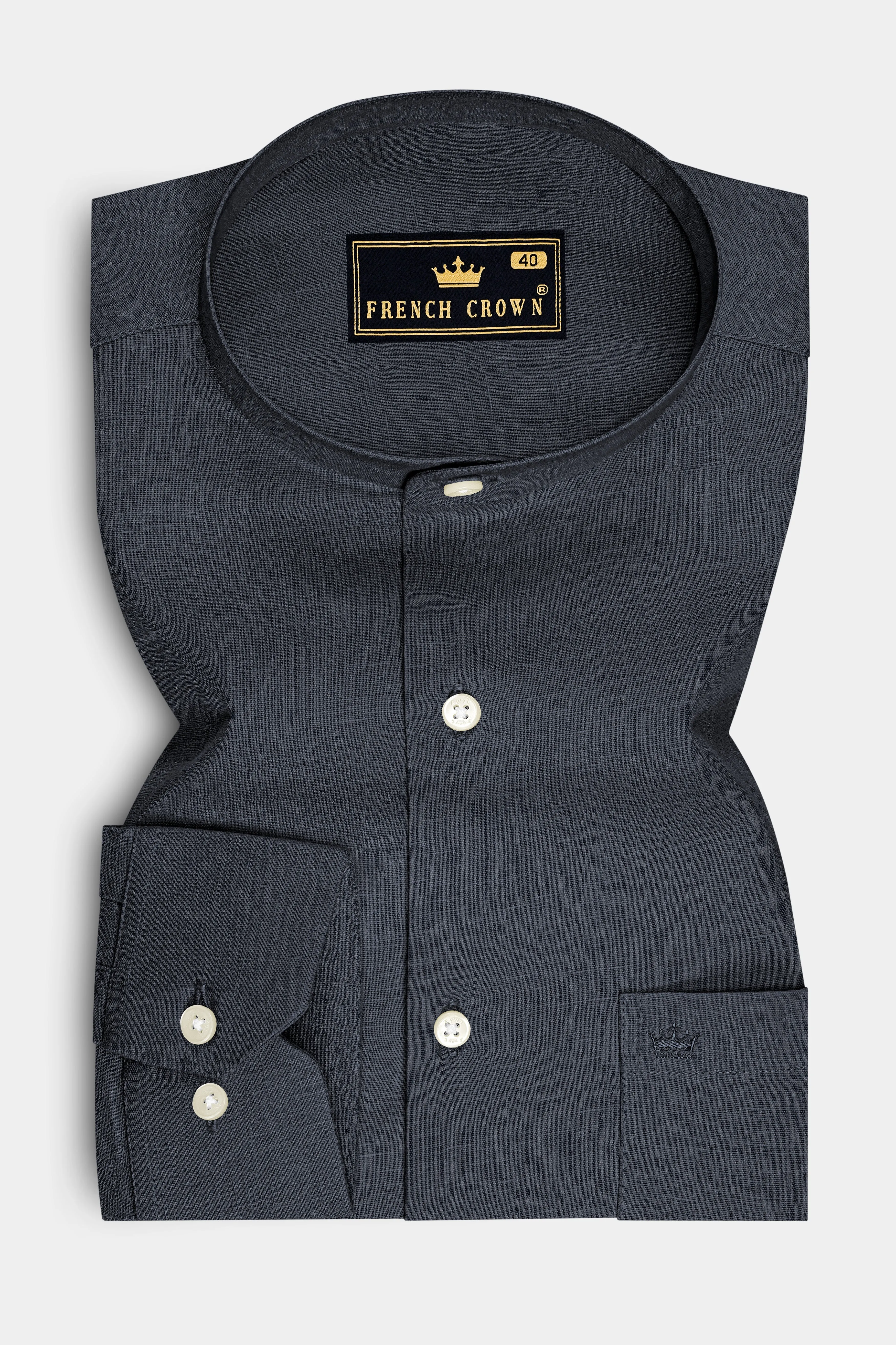 Obsidian-Charcoal Gray Luxurious Linen Mandarin Dress Shirt sold by French Crown product image thumbnail 4