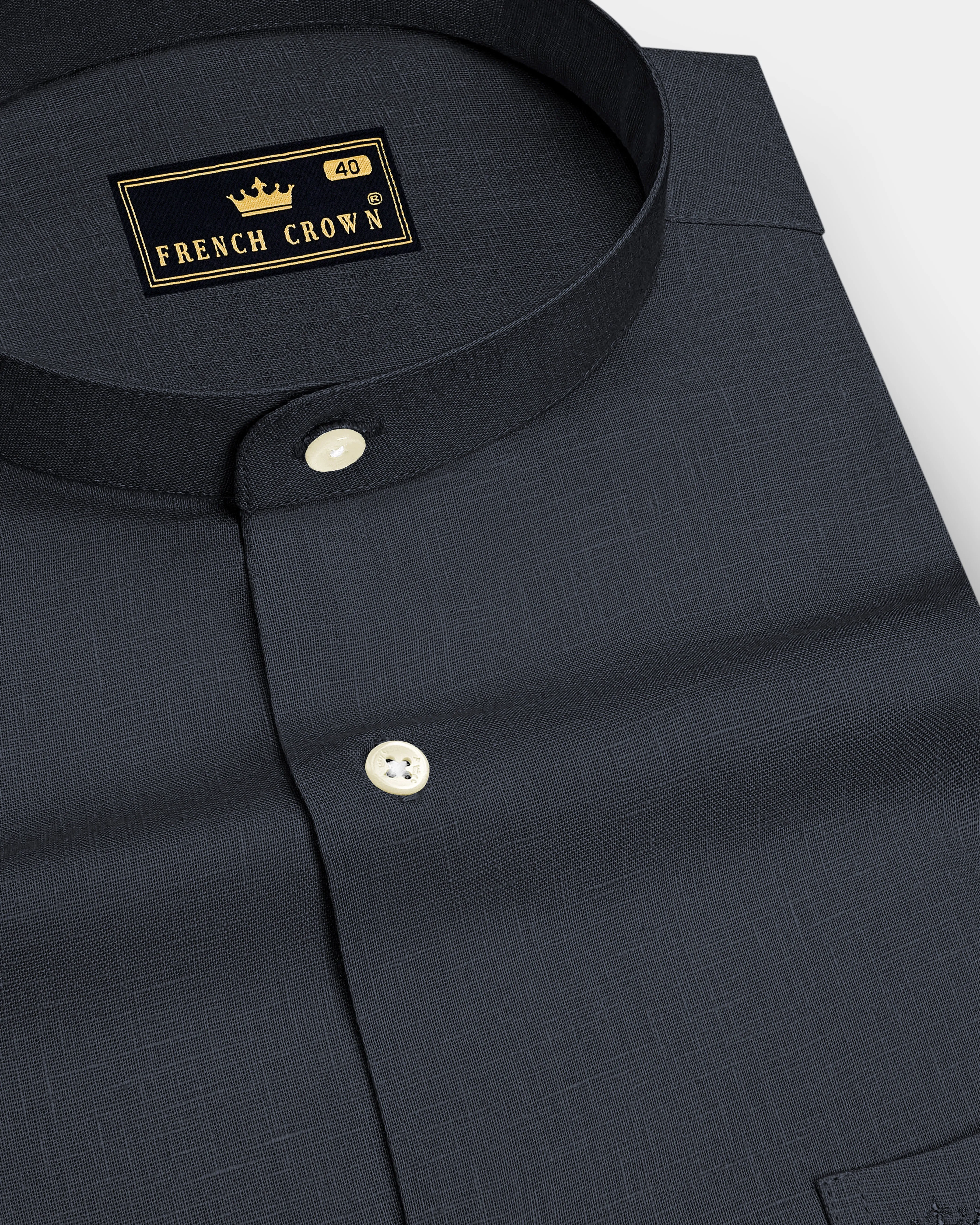 Obsidian-Charcoal Gray Luxurious Linen Mandarin Dress Shirt sold by French Crown