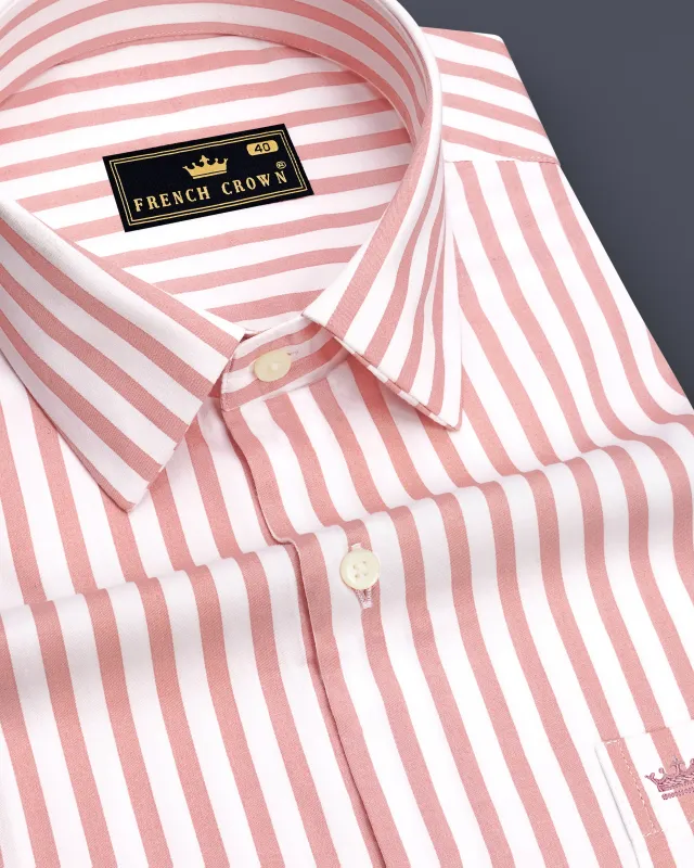 Blush-Sea Pink And Bright White Candy Striped Subtle Sheen Super Soft Premium Cotton Dress Shirt made by French Crown