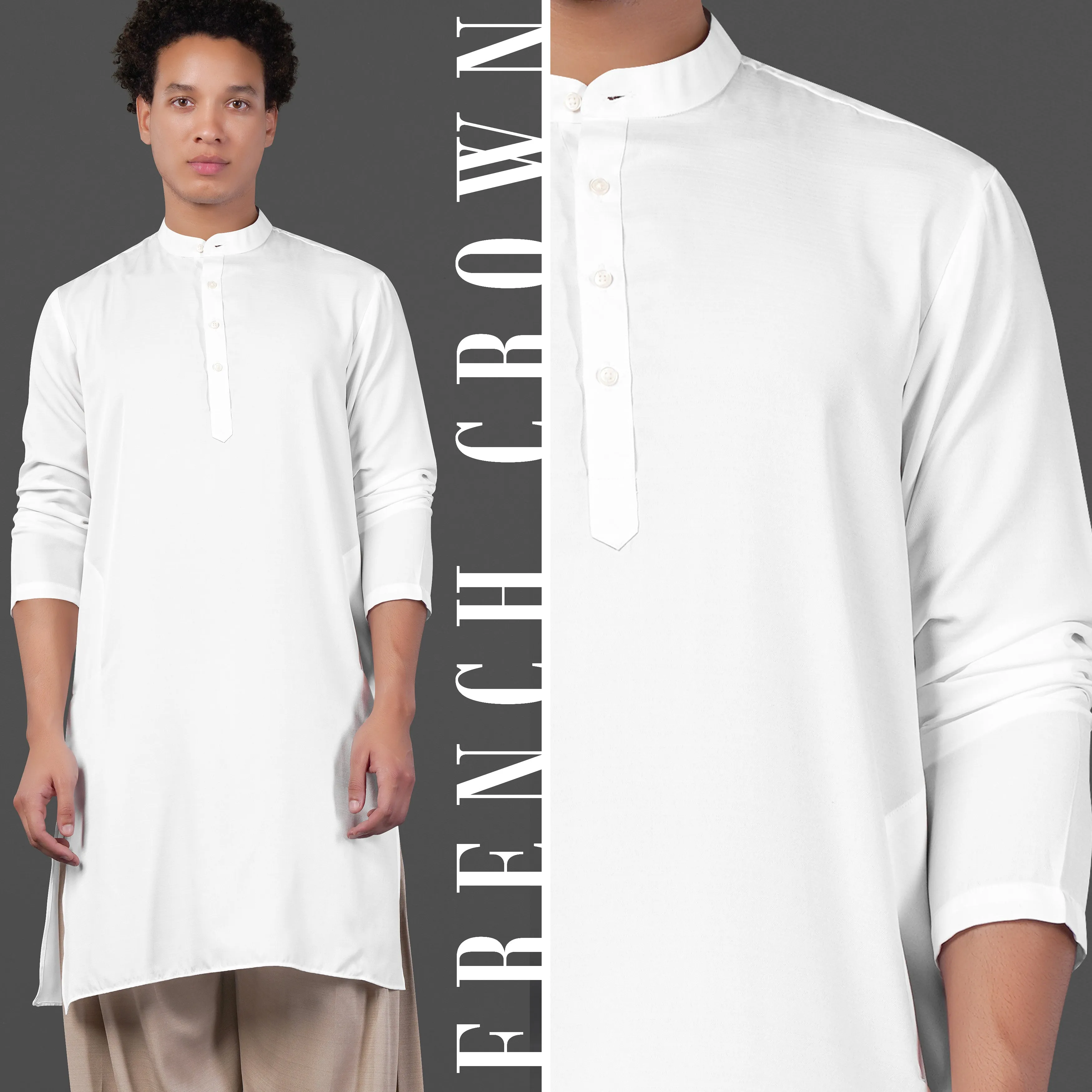 Bright White and Bronco Brown Viscose Kurta sold by French Crown
