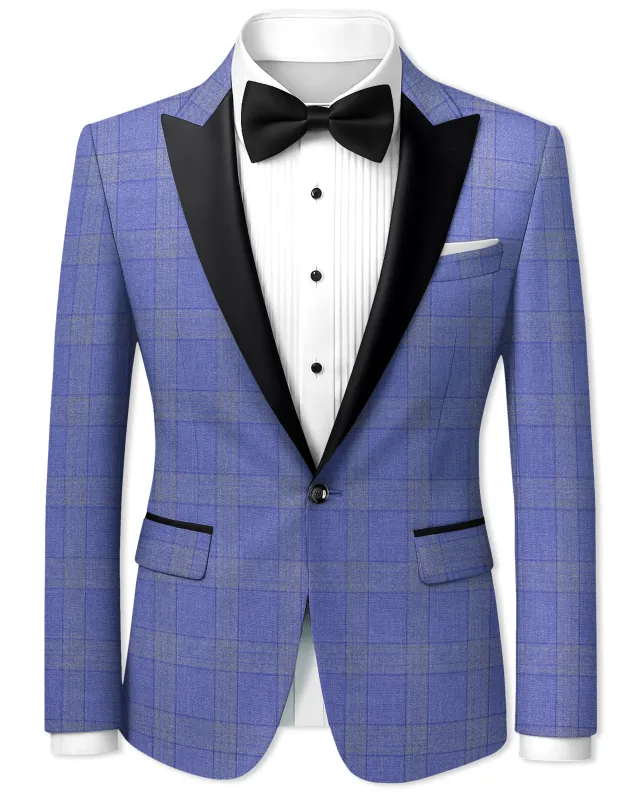 Cobalt-Scampi Blue Plaid Wool Rich Peak Lapel Tuxedo Blazer made by French Crown