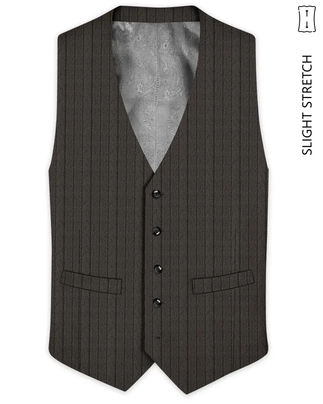 Heritage-Iridium Brown And Bright White Chalk Striped Wool Rich Slight Stretch Waistcoat made by French Crown