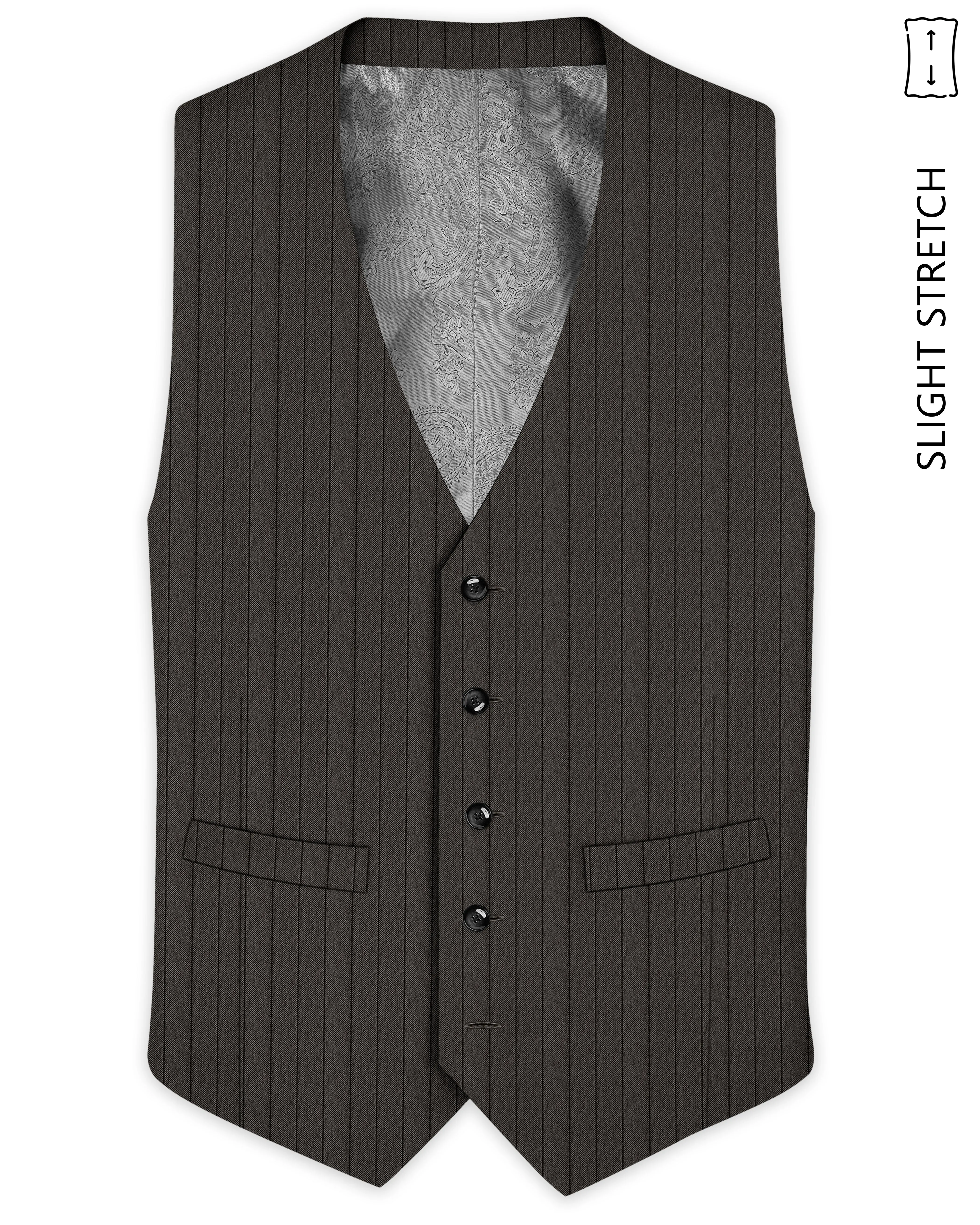 Heritage-Iridium Brown And Bright White Chalk Striped Wool Rich Slight Stretch Waistcoat sold by French Crown