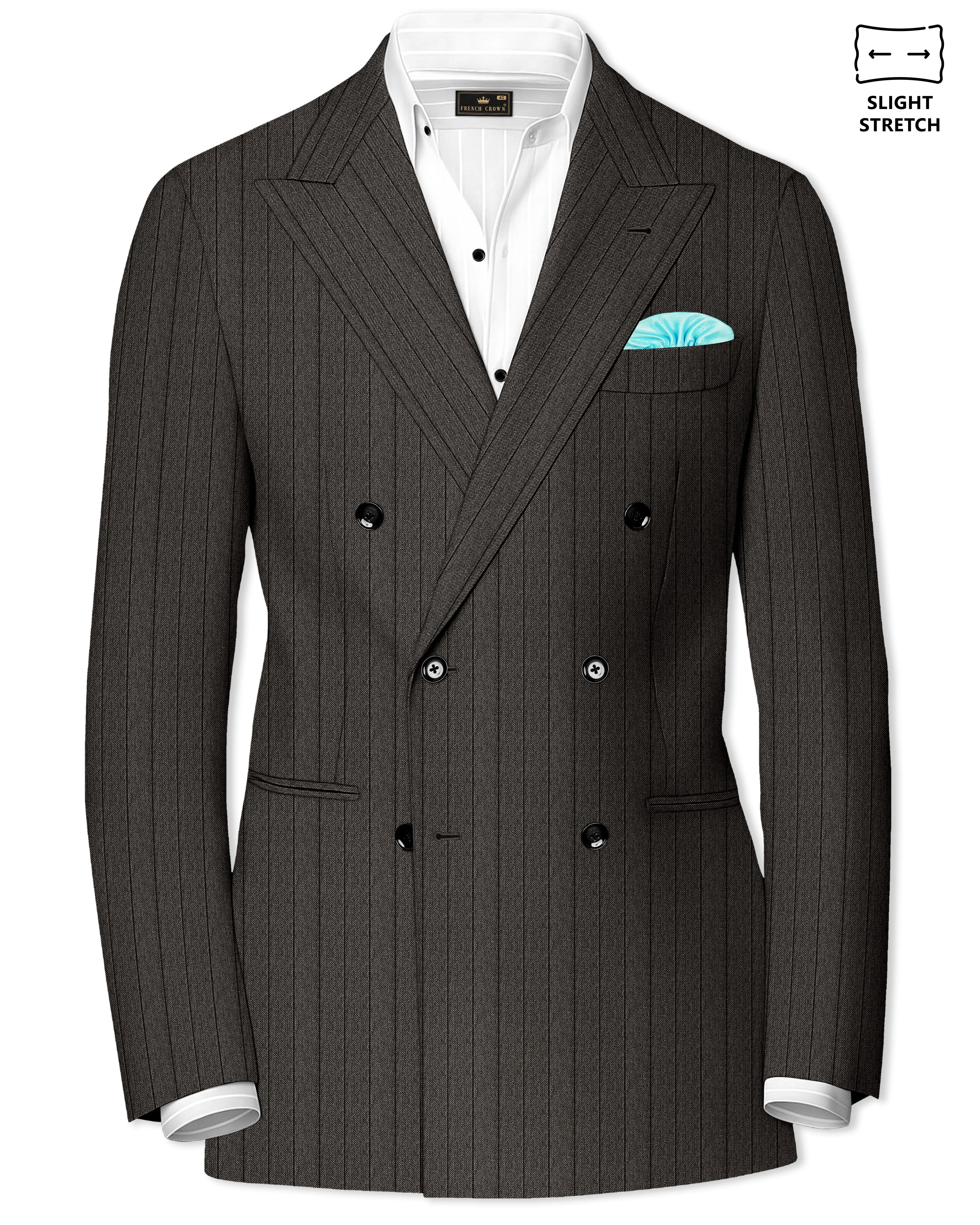 Heritage-Iridium Brown And Bright White Chalk Striped Wool Rich Slight Stretch Double Breasted Blazer sold by French Crown