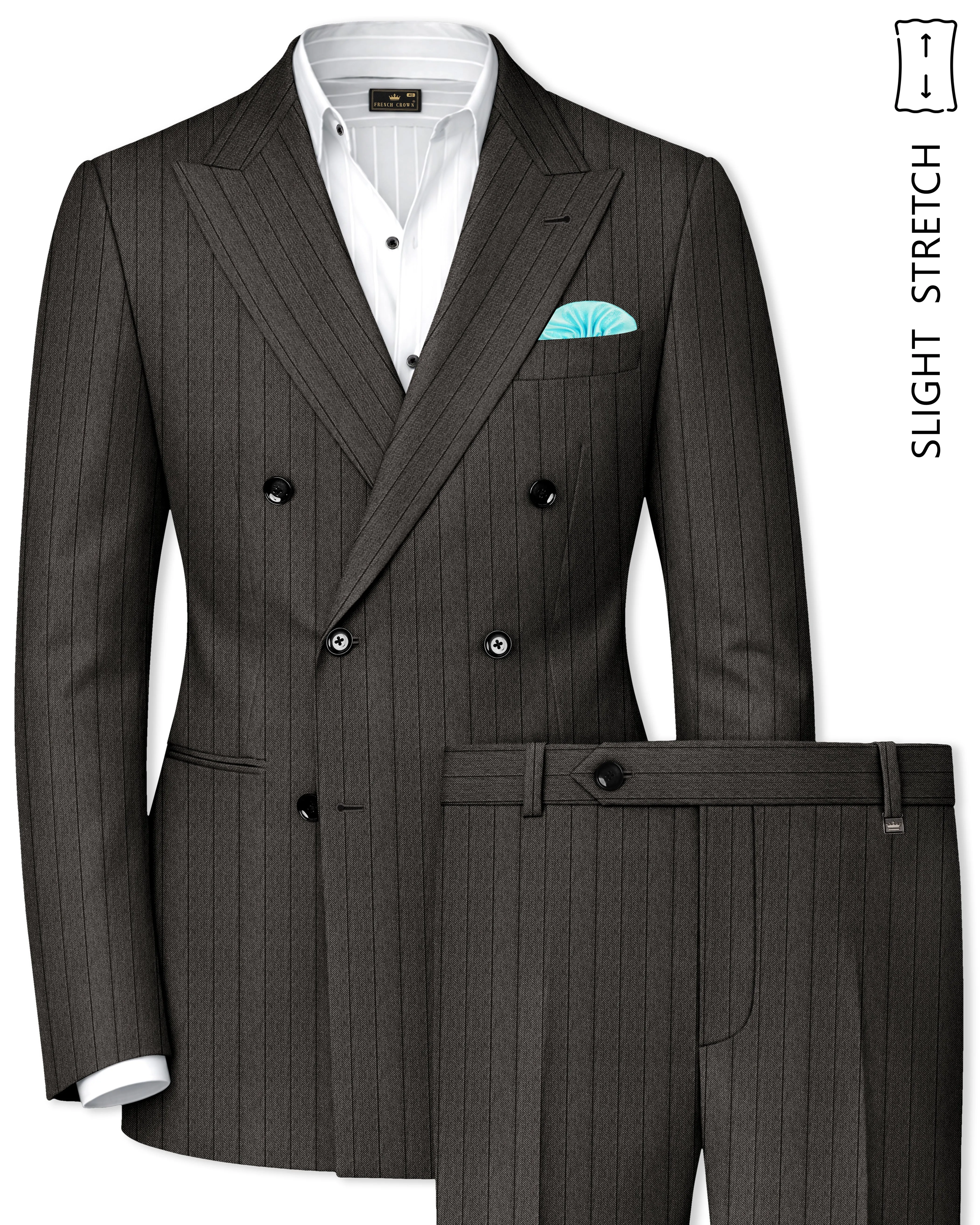 Heritage-Iridium Brown And Bright White Chalk Striped Wool Rich Slight Stretch Double Breasted Suit sold by French Crown