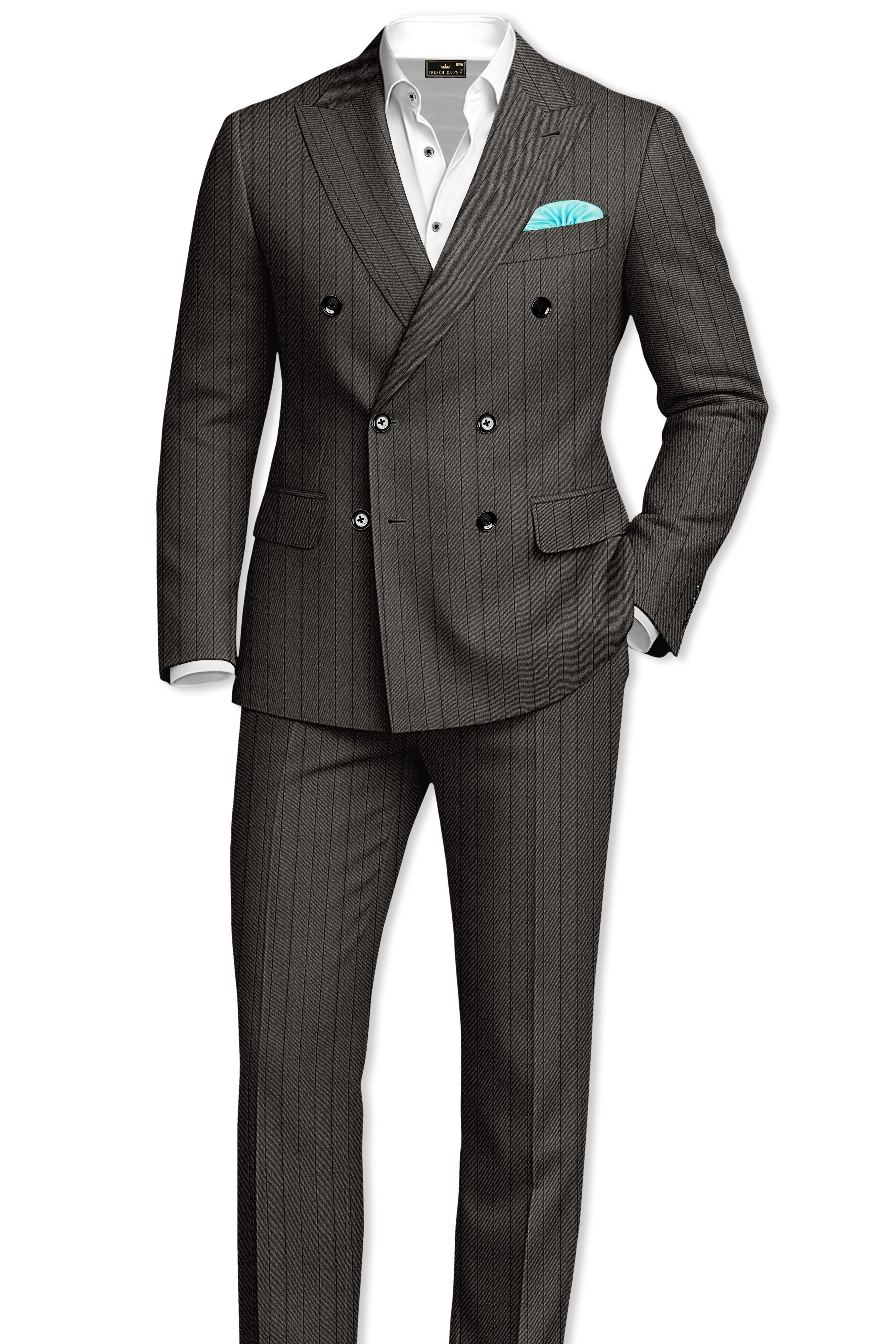 Heritage-Iridium Brown And Bright White Chalk Striped Wool Rich Slight Stretch Double Breasted Suit sold by French Crown product image thumbnail 4