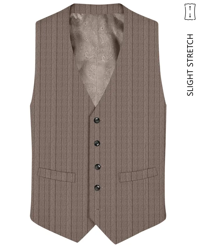 Obsidian-Fuscous Brown And Jade Black Chalk Striped Wool Rich Slight Stretch Waistcoat made by French Crown