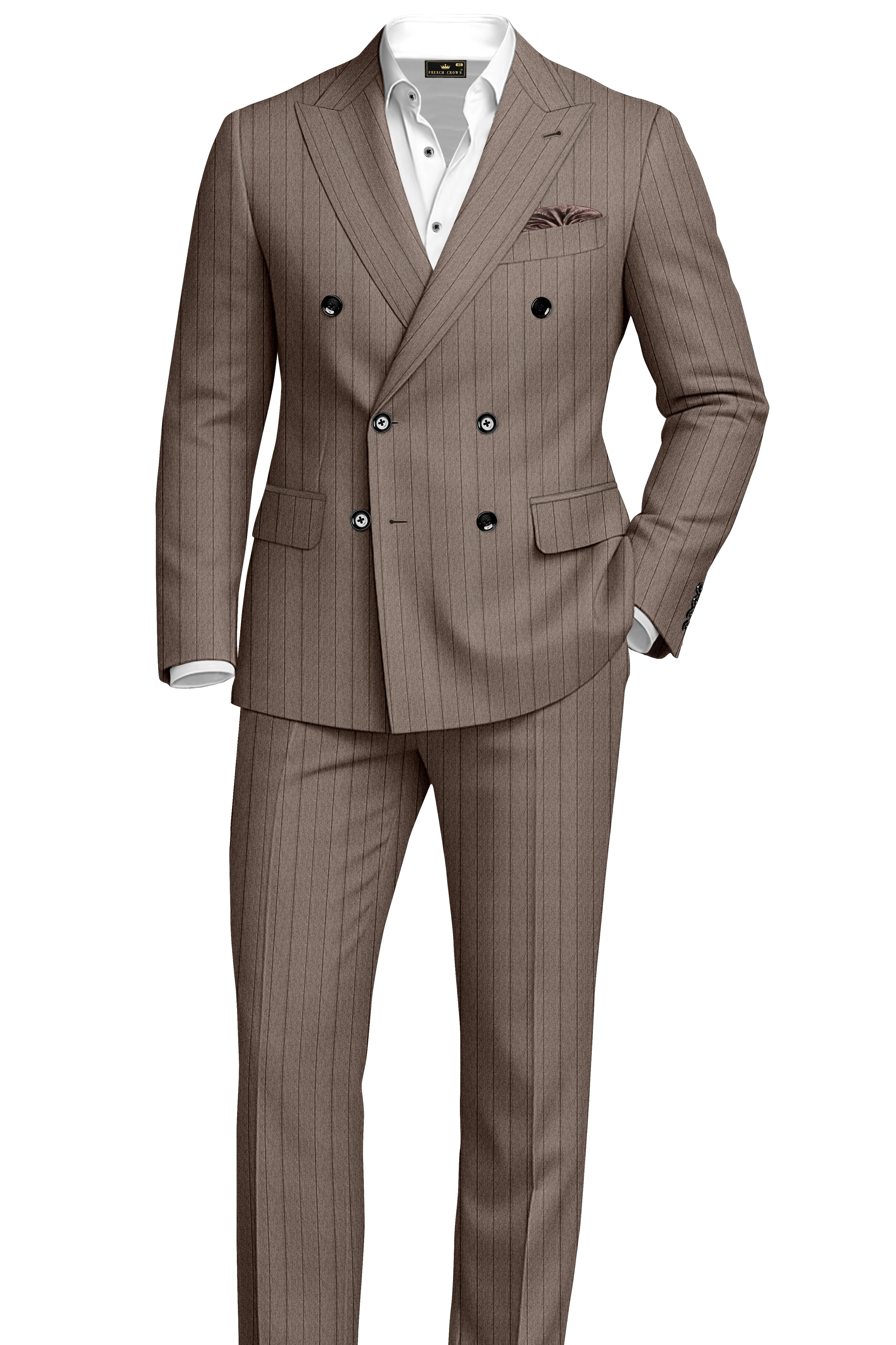 Obsidian-Fuscous Brown And Jade Black Chalk Striped Wool Rich Slight Stretch Double Breasted Suit sold by French Crown product image thumbnail 4