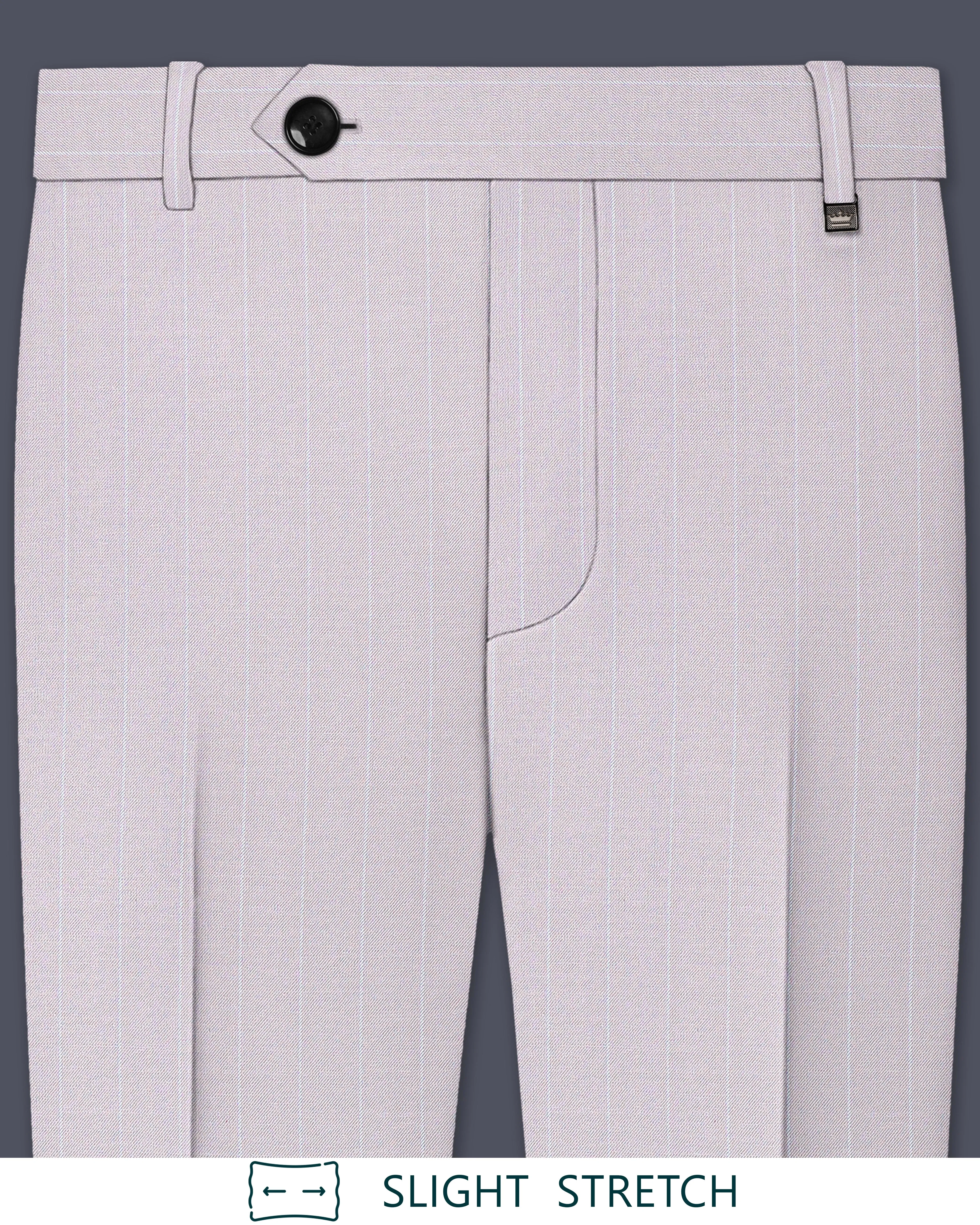 Roselle-Thistle Pink And Bright White Chalk Striped Wool Rich Slight Stretch Waistband Pant sold by French Crown