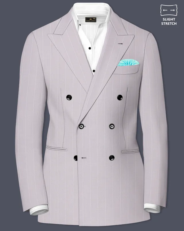 Roselle-Thistle Pink And Bright White Chalk Striped Wool Rich Slight Stretch Double Breasted Blazer made by French Crown