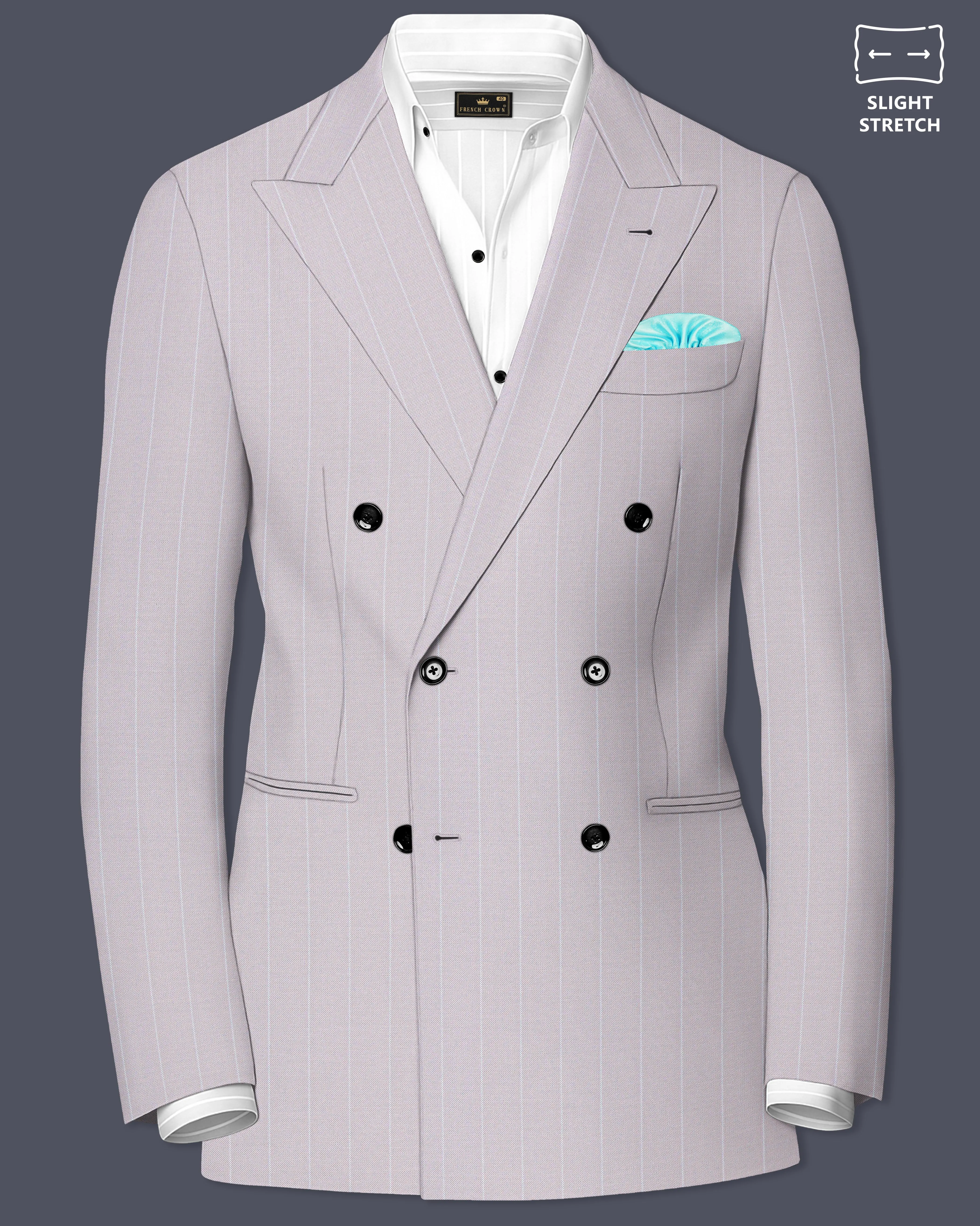 Roselle-Thistle Pink And Bright White Chalk Striped Wool Rich Slight Stretch Double Breasted Blazer sold by French Crown