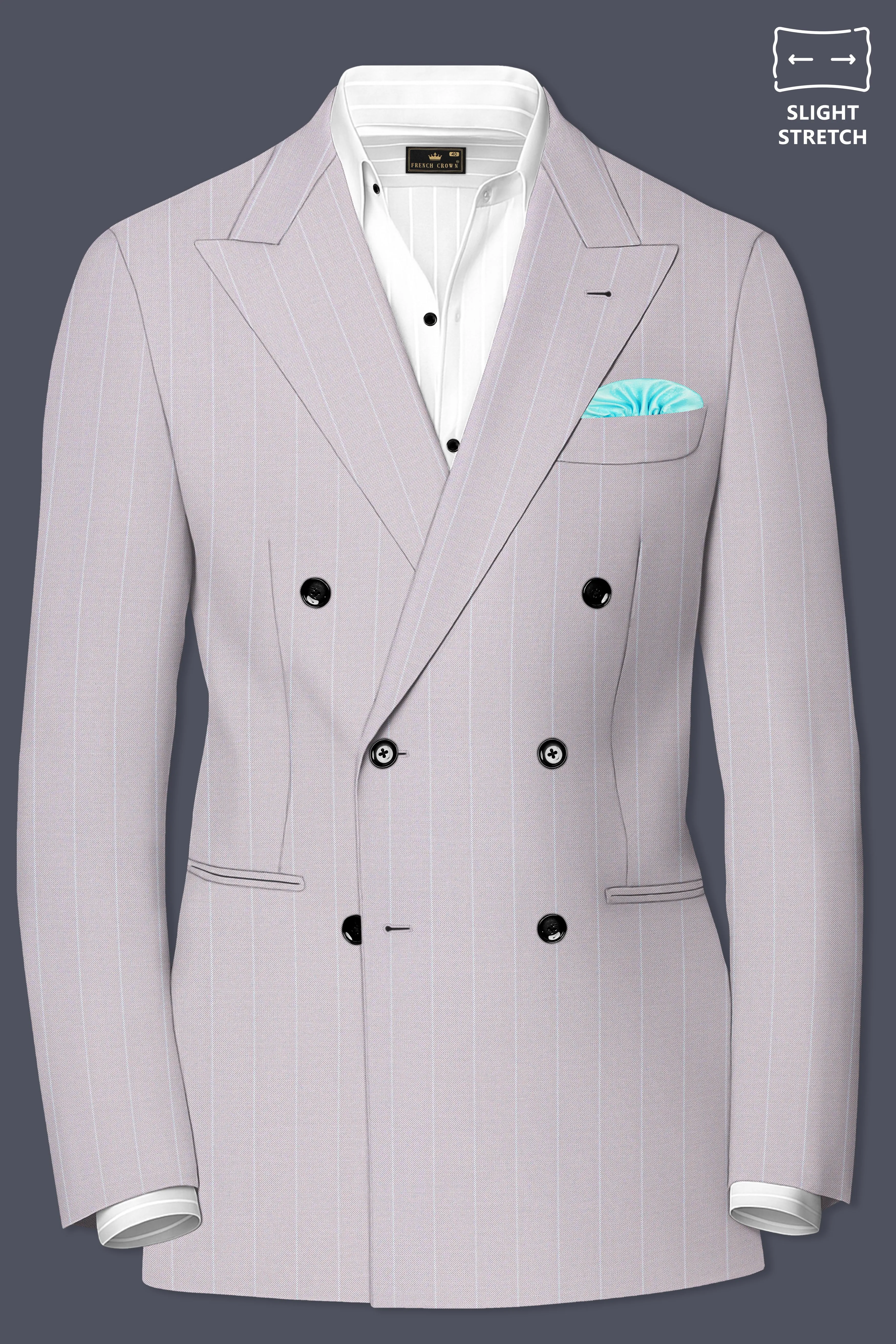 Roselle-Thistle Pink And Bright White Chalk Striped Wool Rich Slight Stretch Double Breasted Blazer sold by French Crown product image thumbnail 2