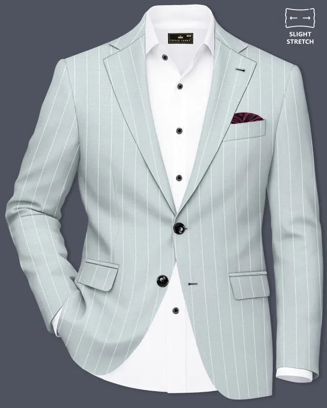 Slate-Tiara Gray And Bright White Chalk Striped Wool Rich Slight Stretch Single Breasted Blazer made by French Crown