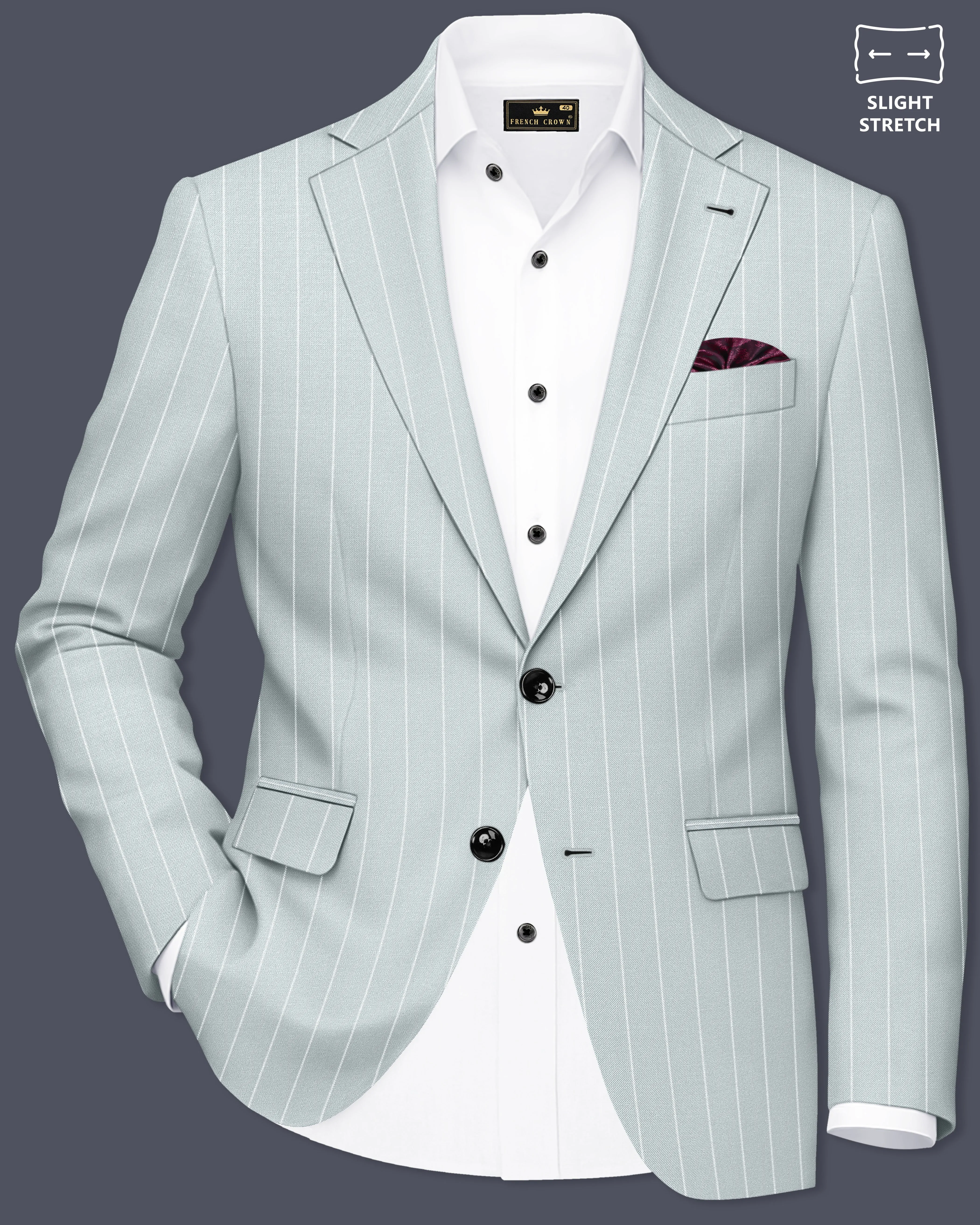 Slate-Tiara Gray And Bright White Chalk Striped Wool Rich Slight Stretch Single Breasted Blazer sold by French Crown