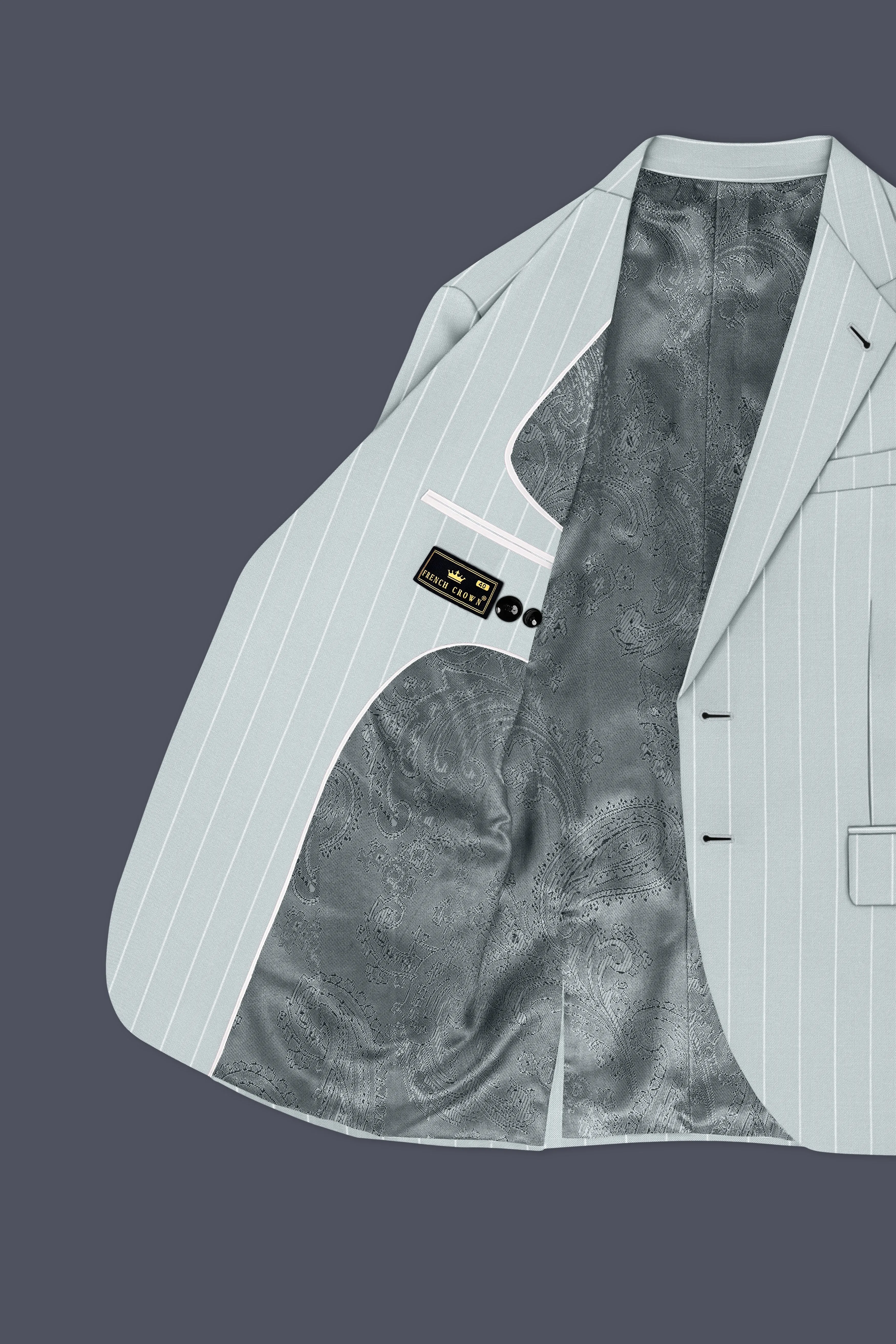 Slate-Tiara Gray And Bright White Chalk Striped Wool Rich Slight Stretch Single Breasted Blazer sold by French Crown product image thumbnail 5