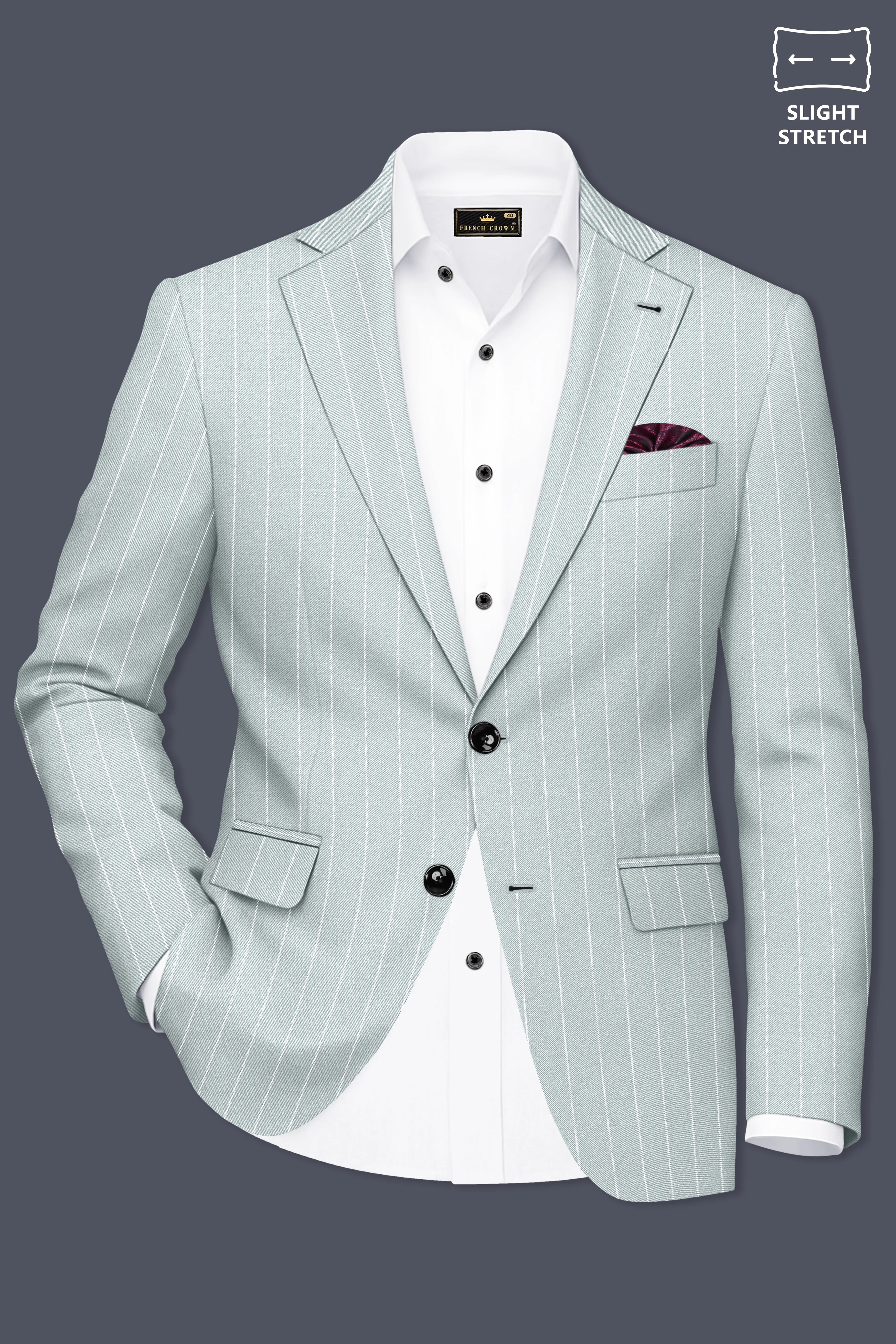 Slate-Tiara Gray And Bright White Chalk Striped Wool Rich Slight Stretch Single Breasted Blazer sold by French Crown product image thumbnail 2