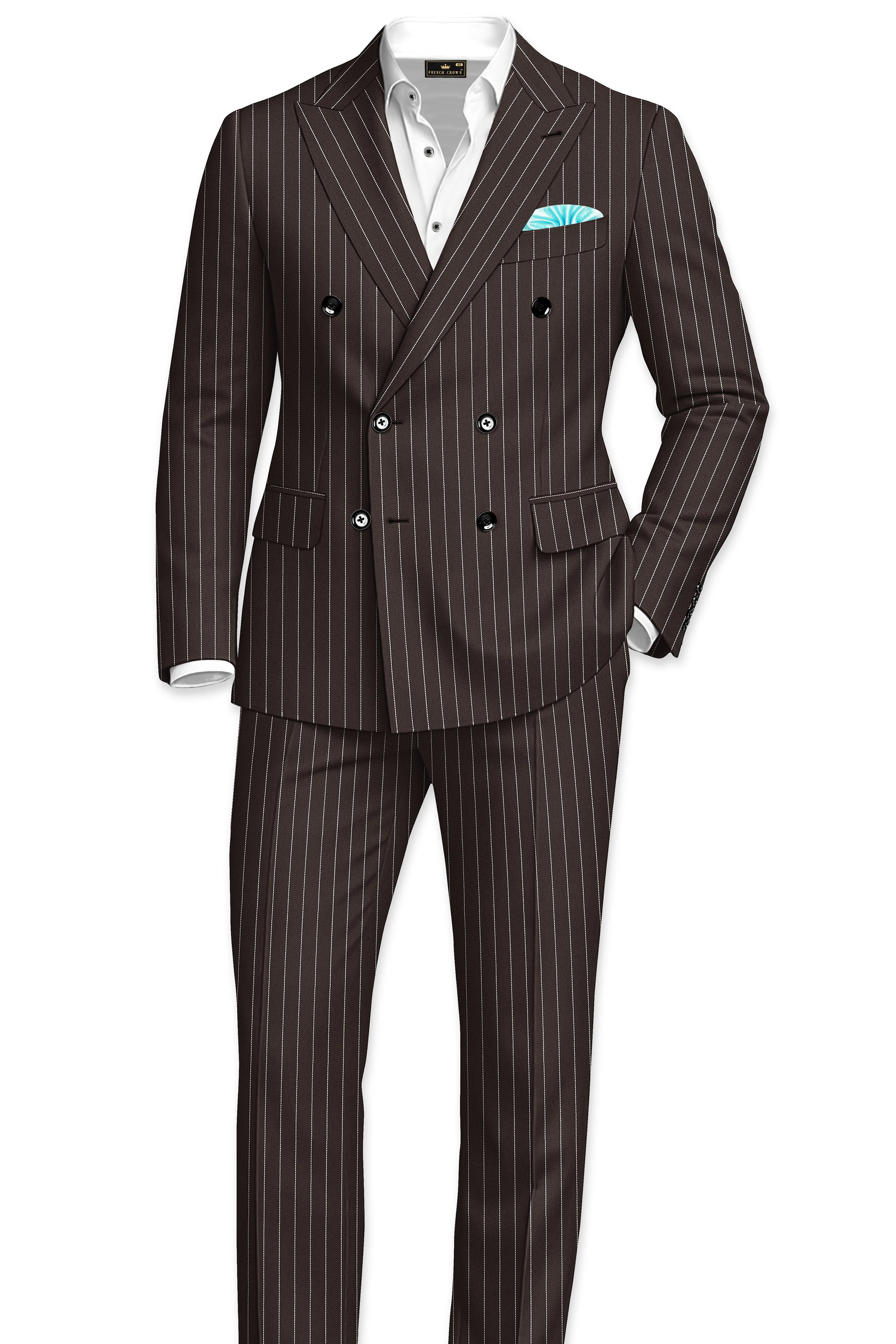 Sovereign-Umber Brown And Bright White Chalk Striped Wool Rich Slight Stretch Double Breasted Suit sold by French Crown product image thumbnail 4