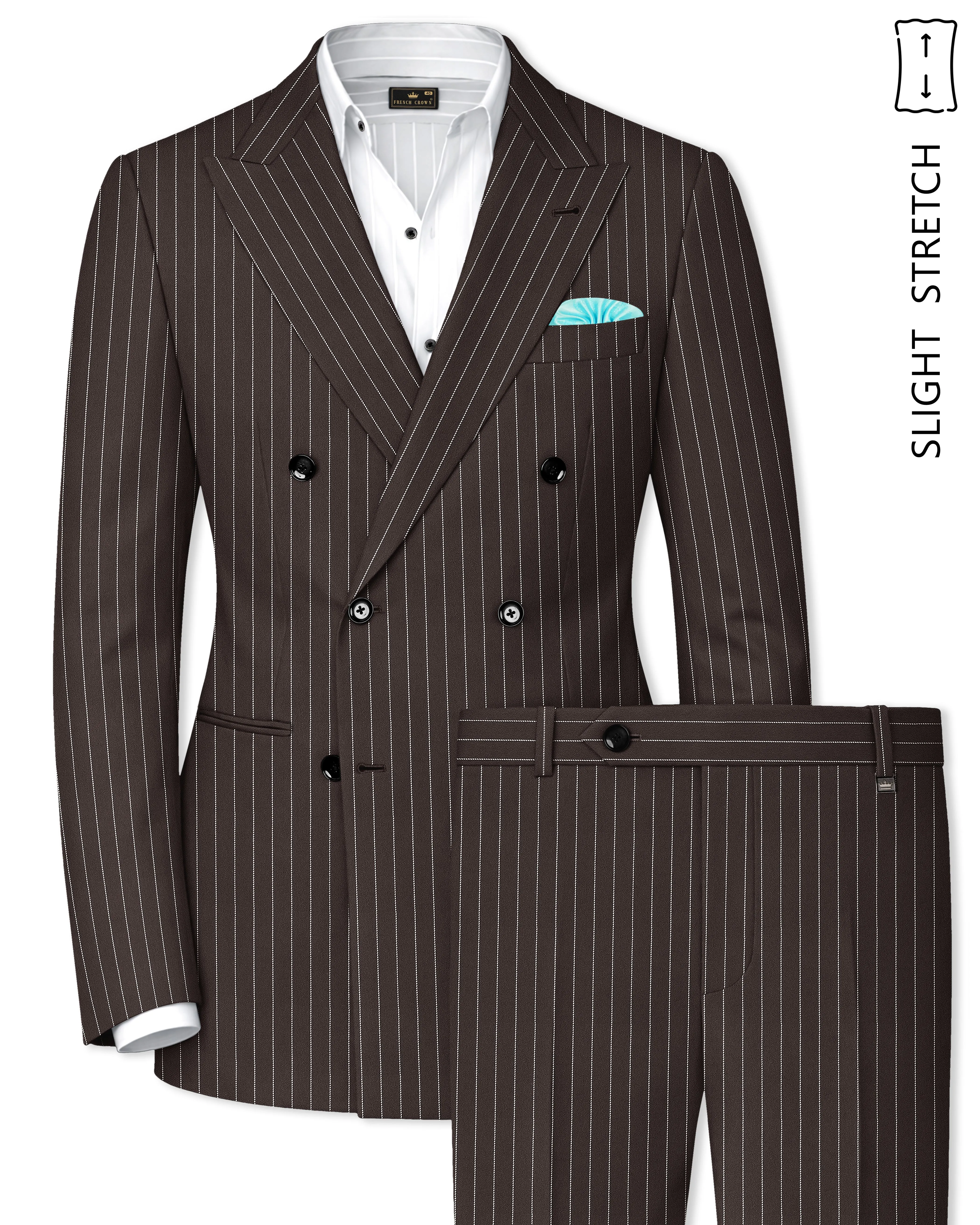 Sovereign-Umber Brown And Bright White Chalk Striped Wool Rich Slight Stretch Double Breasted Suit sold by French Crown