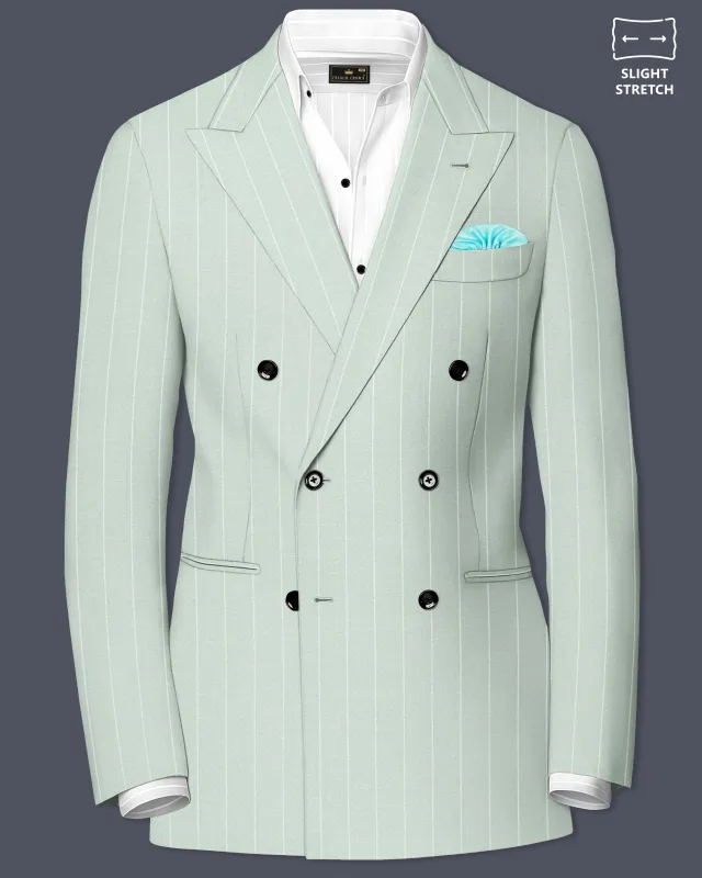 Halcyon-Pale Leaf Green And Bright White Chalk Striped Wool Rich Slight Stretch Double Breasted Blazer made by French Crown