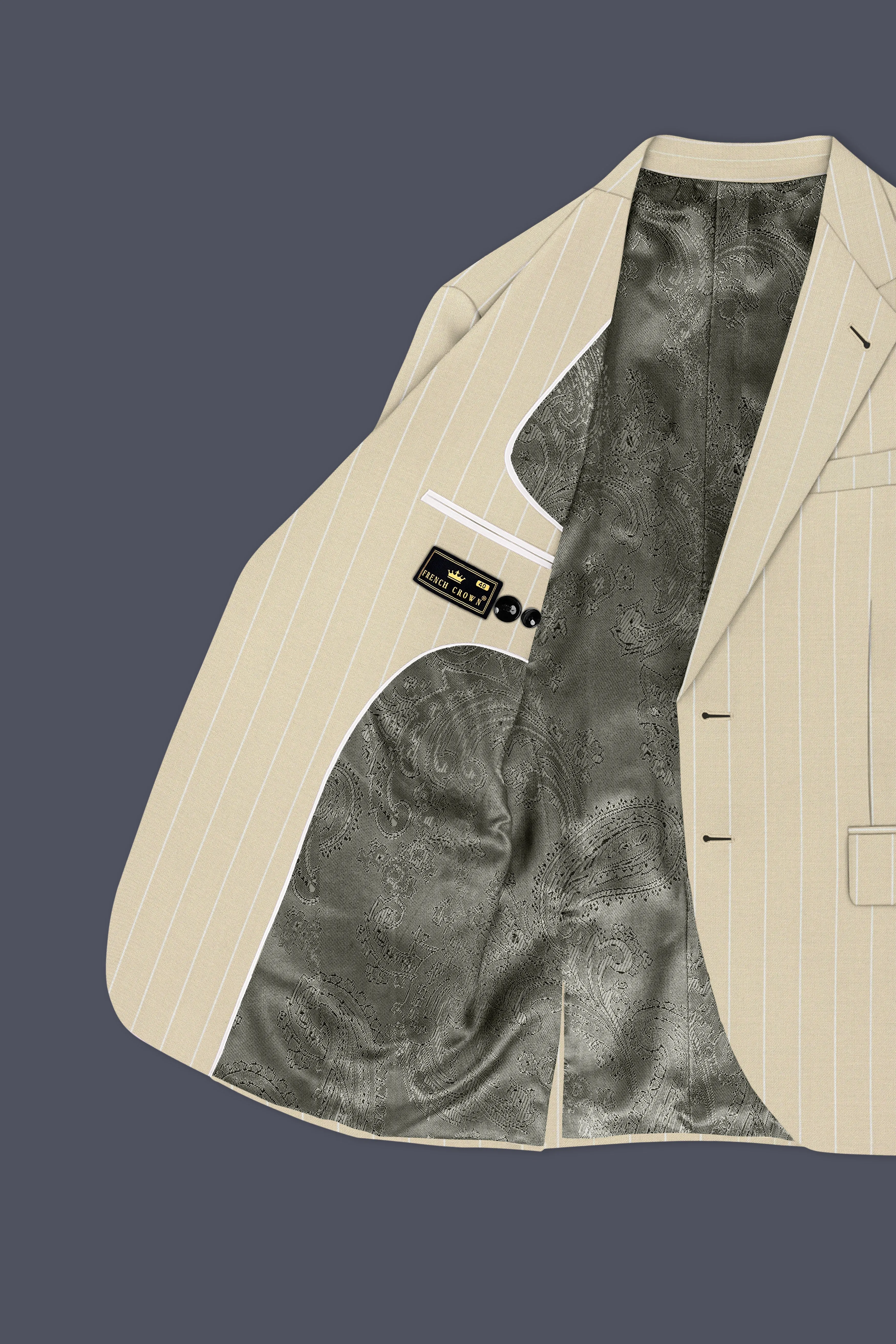 Lumier-Akaroa Cream And Bright White Chalk Striped Wool Rich Slight Stretch Single Breasted Blazer sold by French Crown product image thumbnail 5
