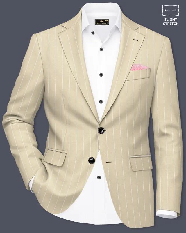 Lumier-Akaroa Cream And Bright White Chalk Striped Wool Rich Slight Stretch Single Breasted Blazer made by French Crown