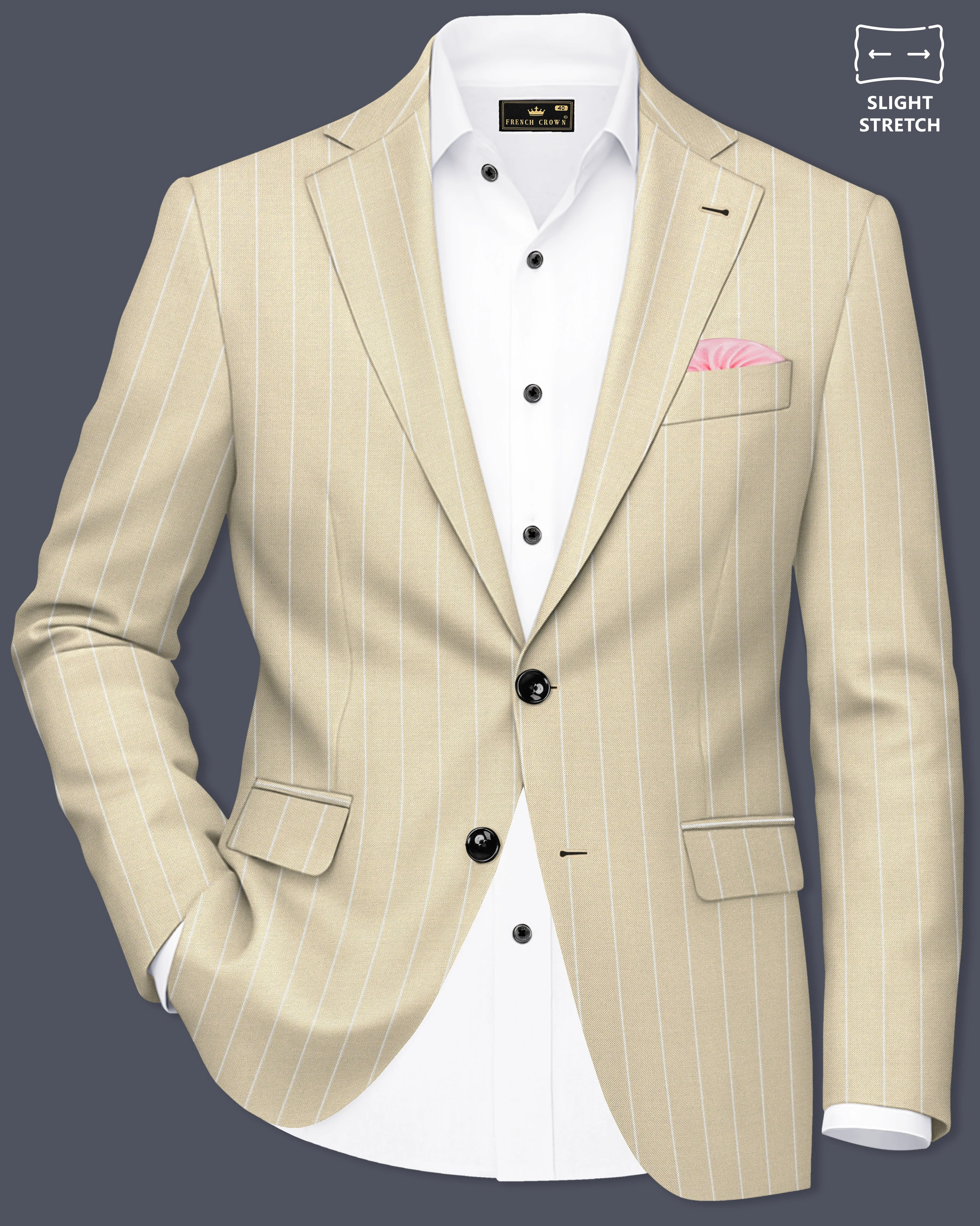 Lumier-Akaroa Cream And Bright White Chalk Striped Wool Rich Slight Stretch Single Breasted Blazer sold by French Crown