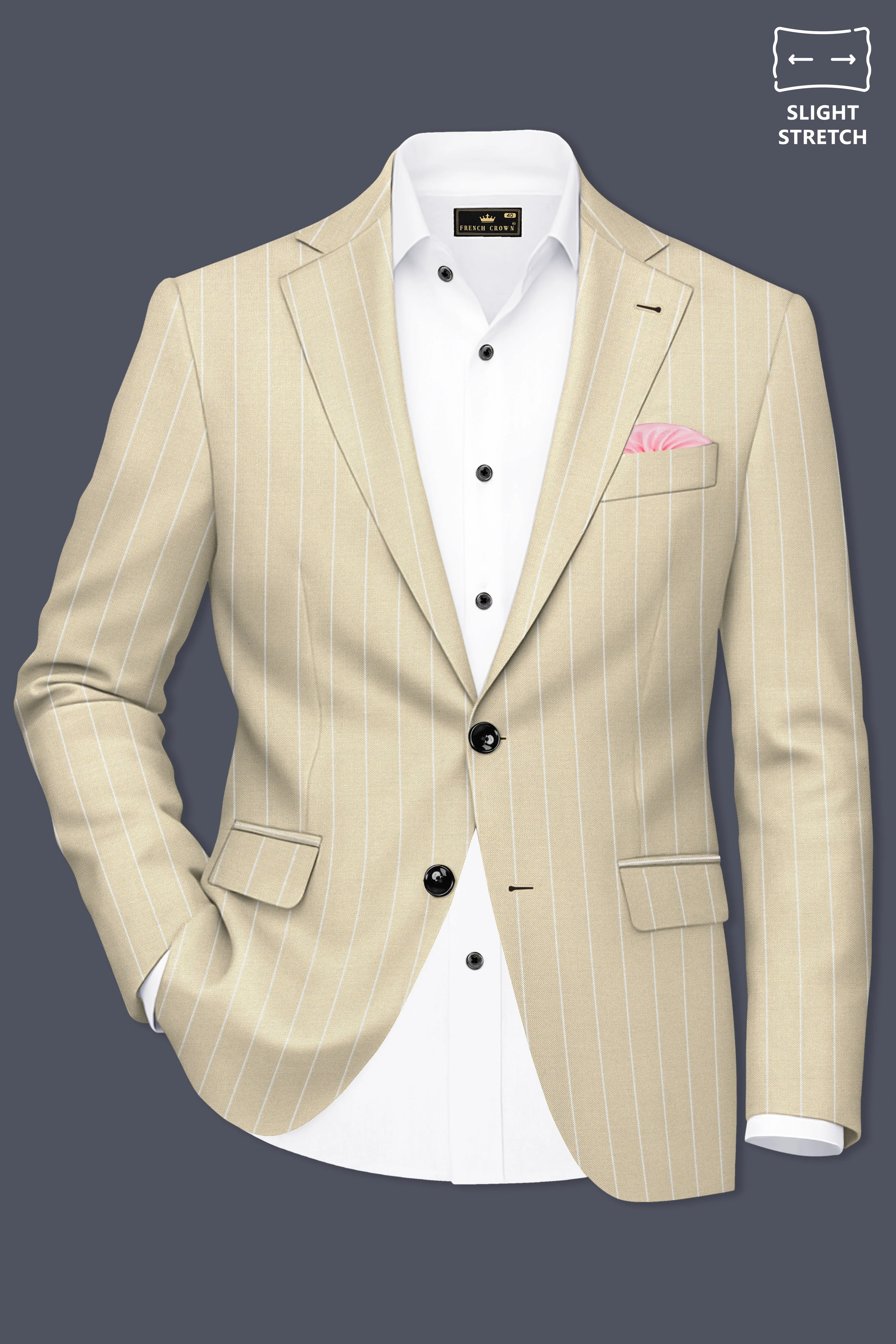 Lumier-Akaroa Cream And Bright White Chalk Striped Wool Rich Slight Stretch Single Breasted Blazer sold by French Crown product image thumbnail 2