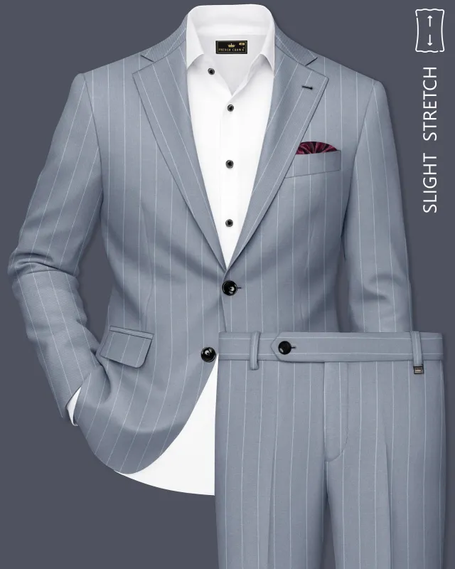 Prestige-Regent Gray And Bright White Chalk Striped Wool Rich Slight Stretch Single Breasted Suit made by French Crown