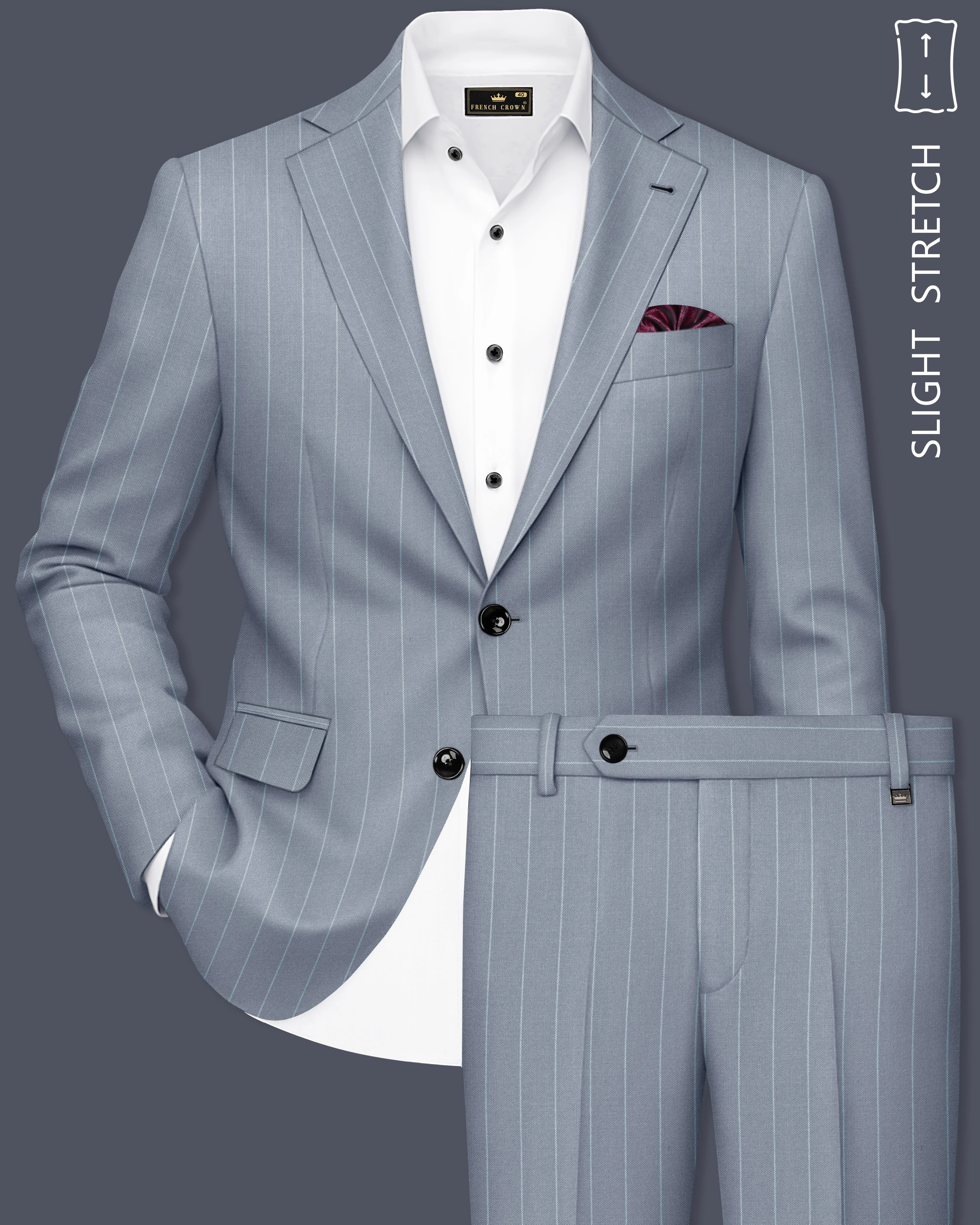 Prestige-Regent Gray And Bright White Chalk Striped Wool Rich Slight Stretch Single Breasted Suit sold by French Crown