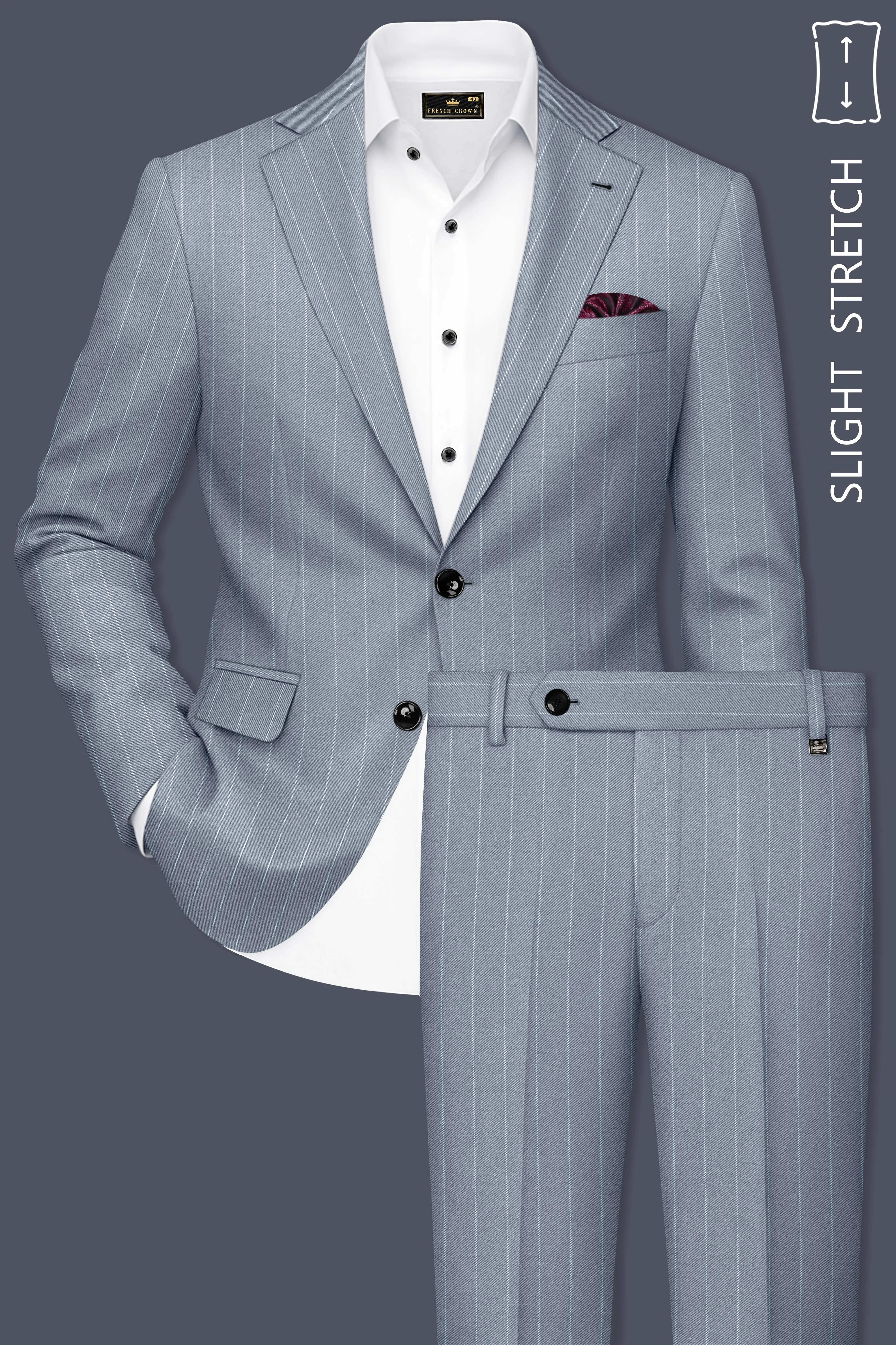 Prestige-Regent Gray And Bright White Chalk Striped Wool Rich Slight Stretch Single Breasted Suit sold by French Crown product image thumbnail 2