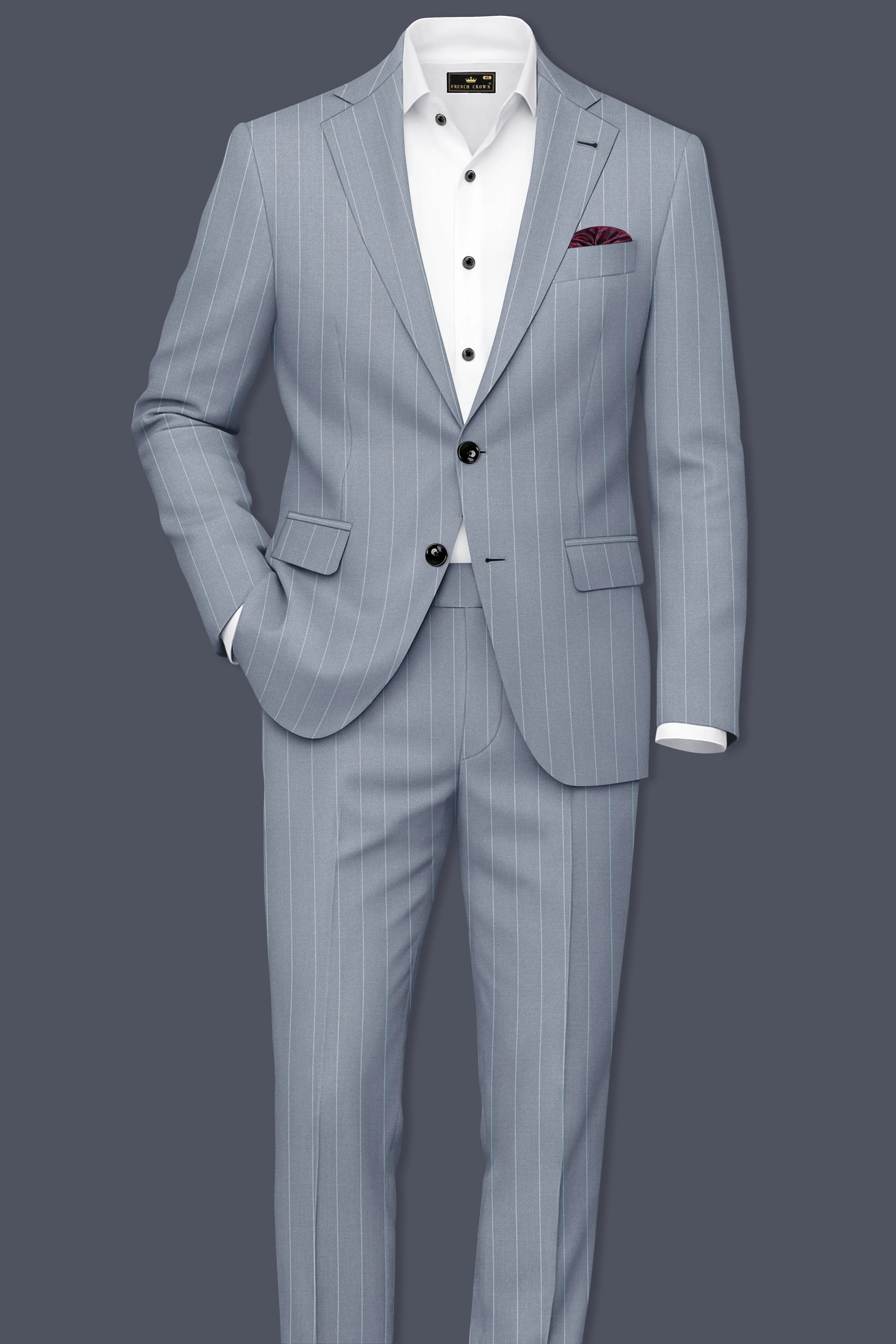 Prestige-Regent Gray And Bright White Chalk Striped Wool Rich Slight Stretch Single Breasted Suit sold by French Crown product image thumbnail 4