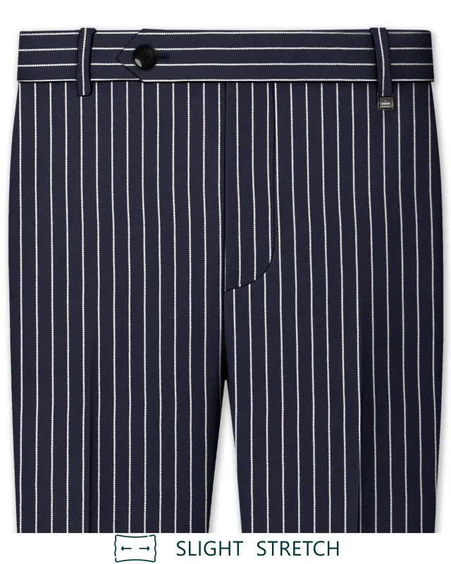 Maris-Baltic Sea Blue And Bright White Chalk Striped Wool Rich Slight Stretch Waistband Pant made by French Crown