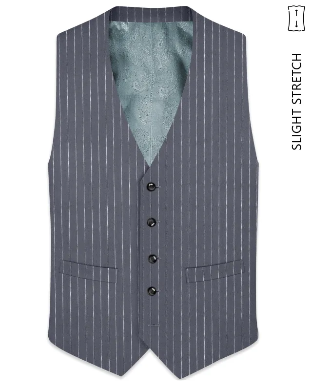Monarch-Shark Gray And Bright White Chalk Striped Wool Rich Slight Stretch Waistcoat made by French Crown