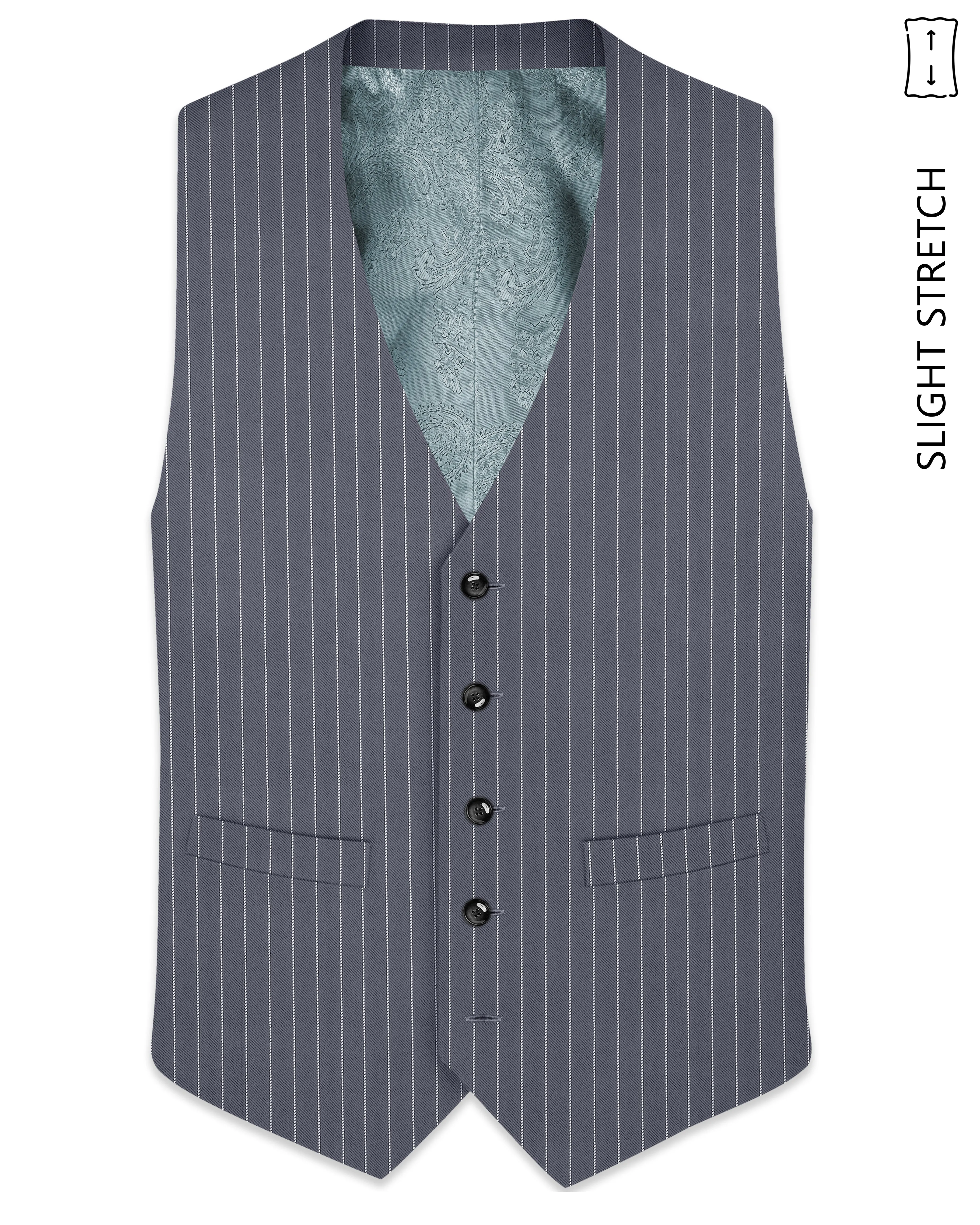 Monarch-Shark Gray And Bright White Chalk Striped Wool Rich Slight Stretch Waistcoat sold by French Crown